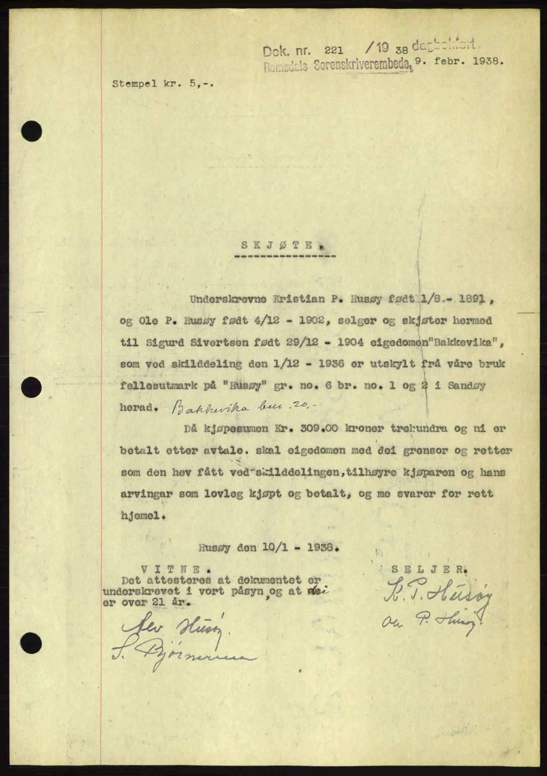Romsdal sorenskriveri, AV/SAT-A-4149/1/2/2C: Pantebok nr. A4, 1937-1938, Dagboknr: 221/1938