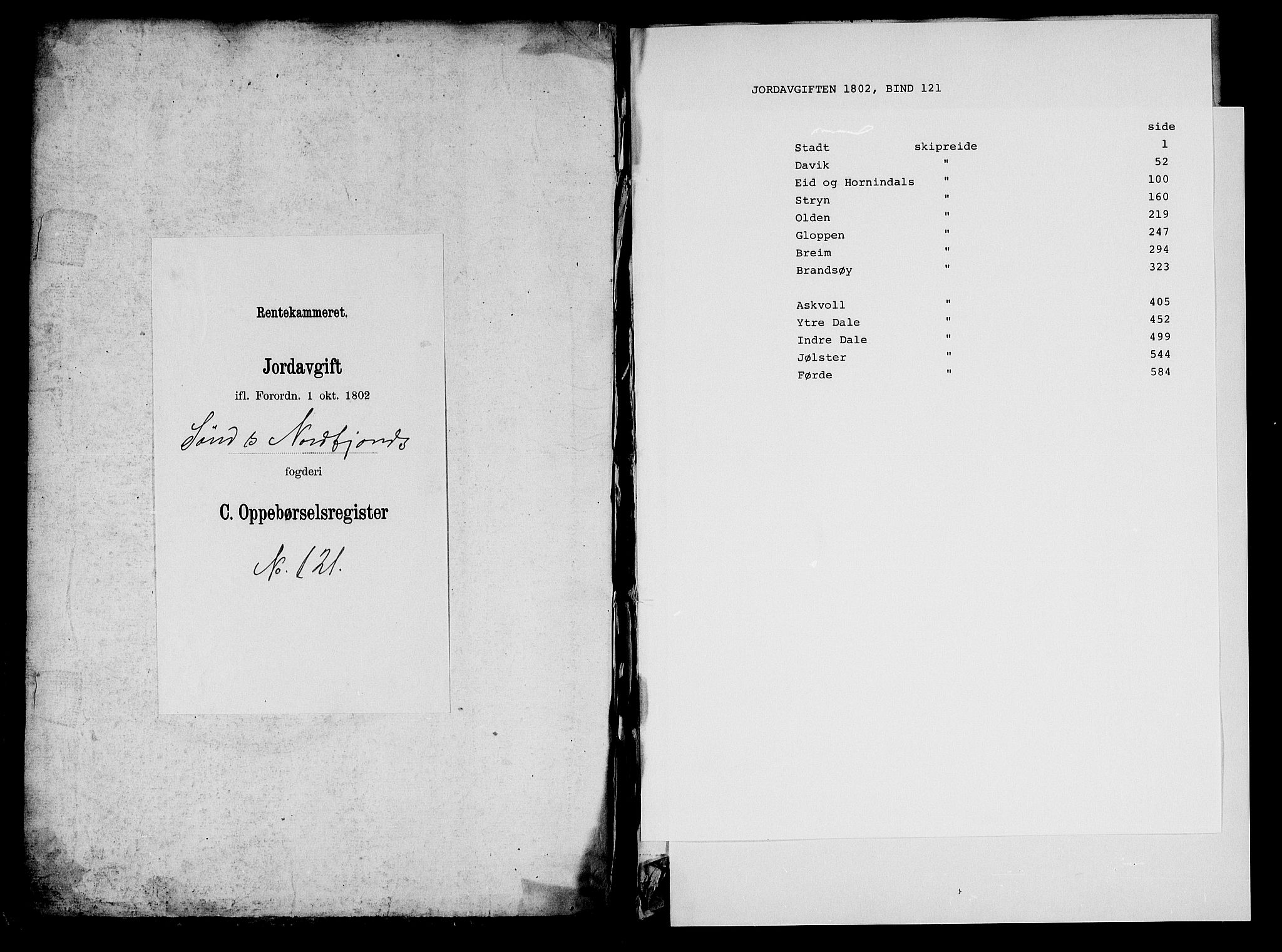 Rentekammeret inntil 1814, Realistisk ordnet avdeling, AV/RA-EA-4070/N/Ne/Nea/L0121: Sunn- og Nordfjord fogderi. Oppebørselsregister, 1803-1804, s. 1