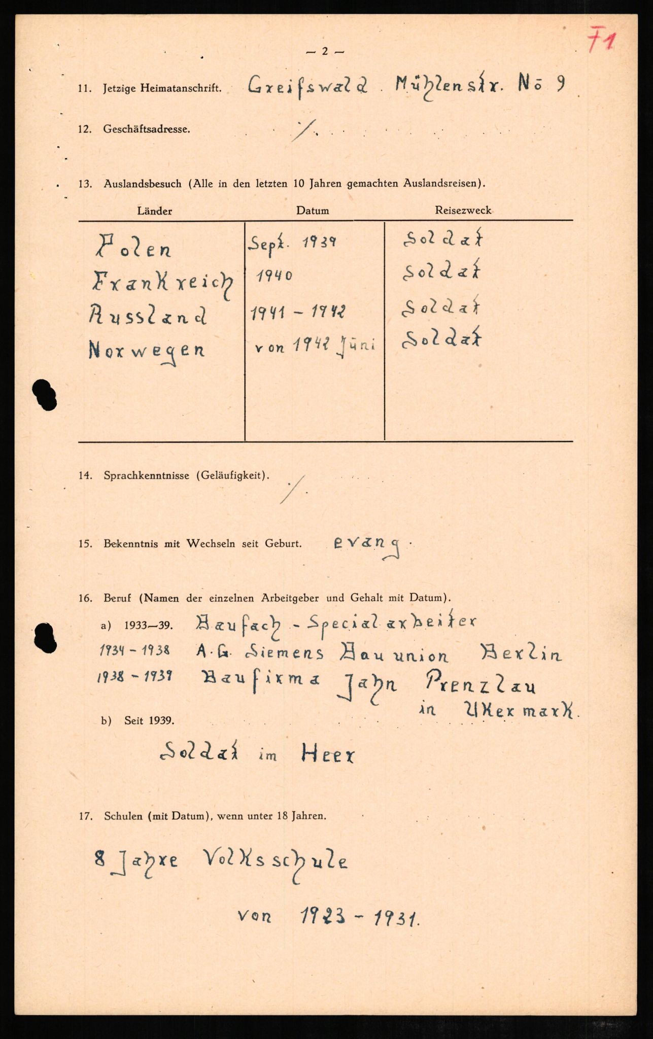 Forsvaret, Forsvarets overkommando II, AV/RA-RAFA-3915/D/Db/L0007: CI Questionaires. Tyske okkupasjonsstyrker i Norge. Tyskere., 1945-1946, s. 393