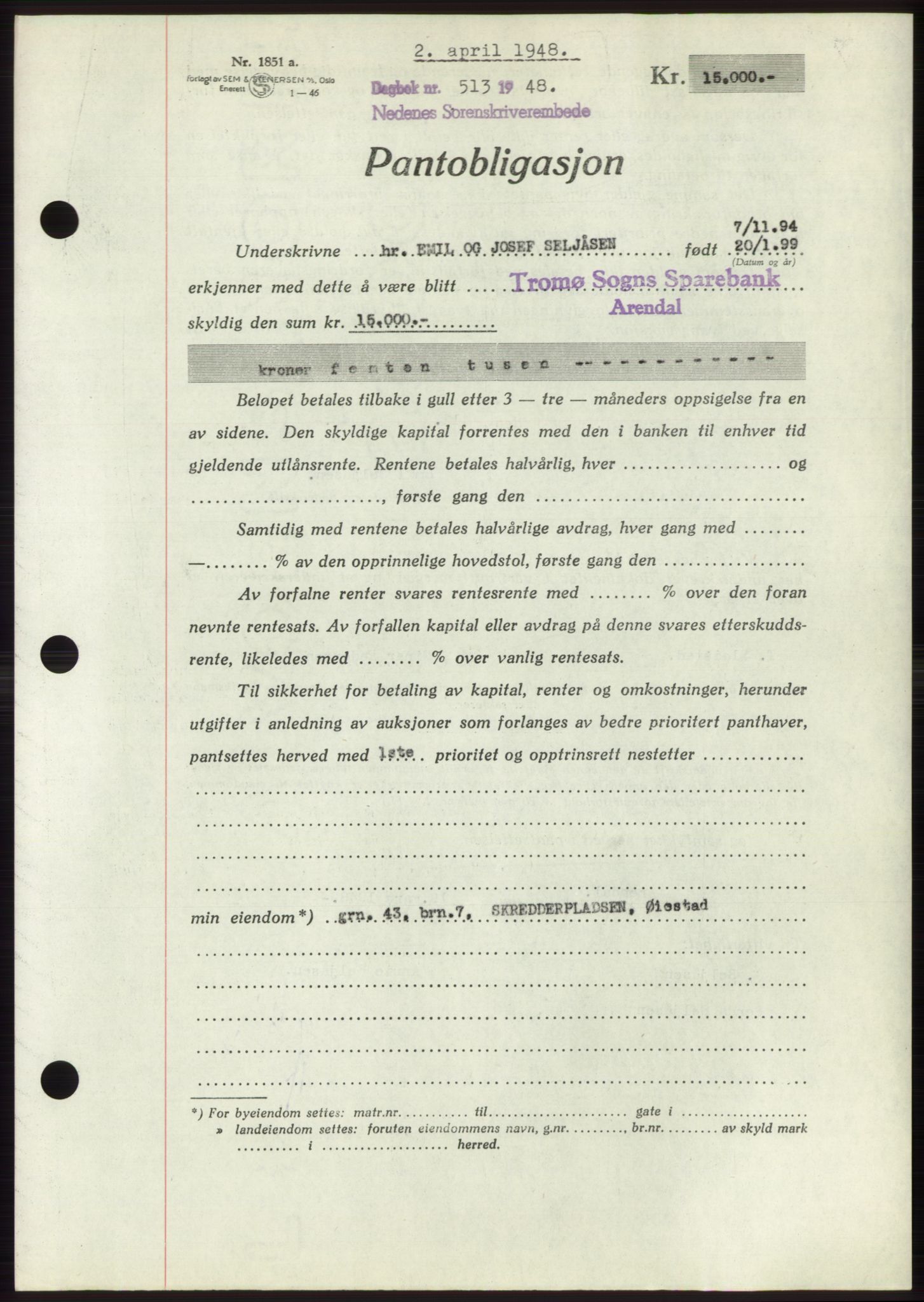Nedenes sorenskriveri, AV/SAK-1221-0006/G/Gb/Gbb/L0005: Pantebok nr. B5, 1948-1948, Dagboknr: 513/1948