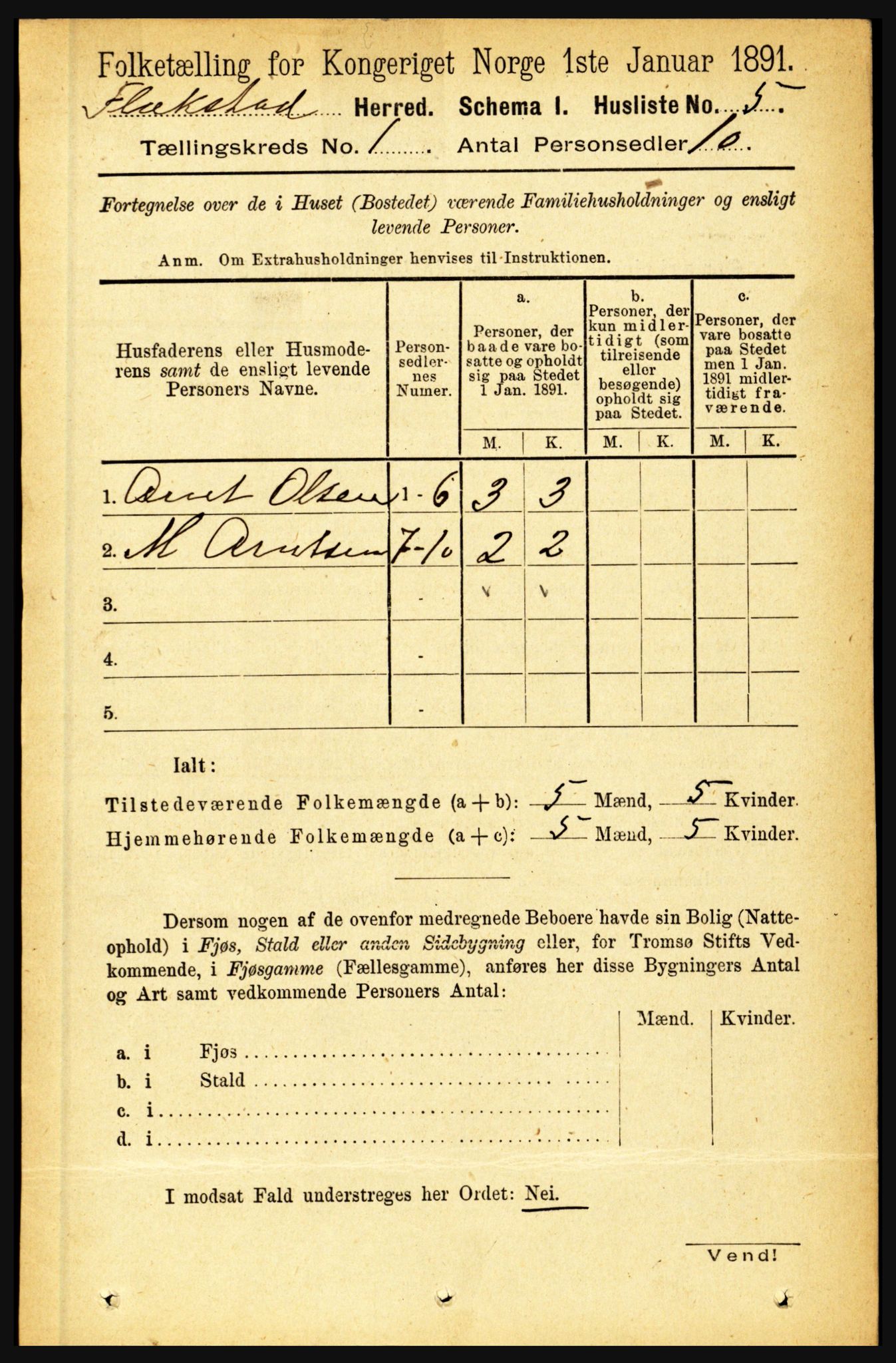 RA, Folketelling 1891 for 1859 Flakstad herred, 1891, s. 22