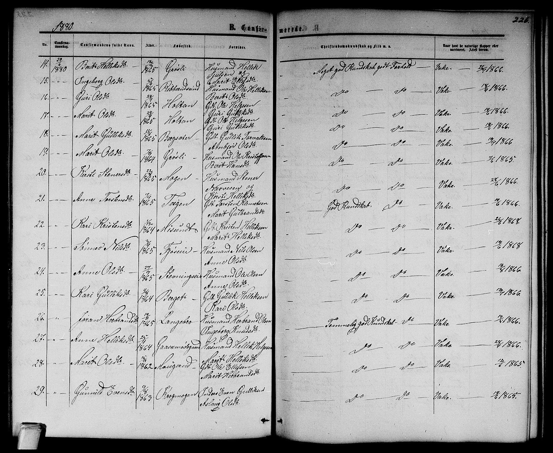 Flesberg kirkebøker, AV/SAKO-A-18/G/Ga/L0003: Klokkerbok nr. I 3, 1861-1889, s. 226