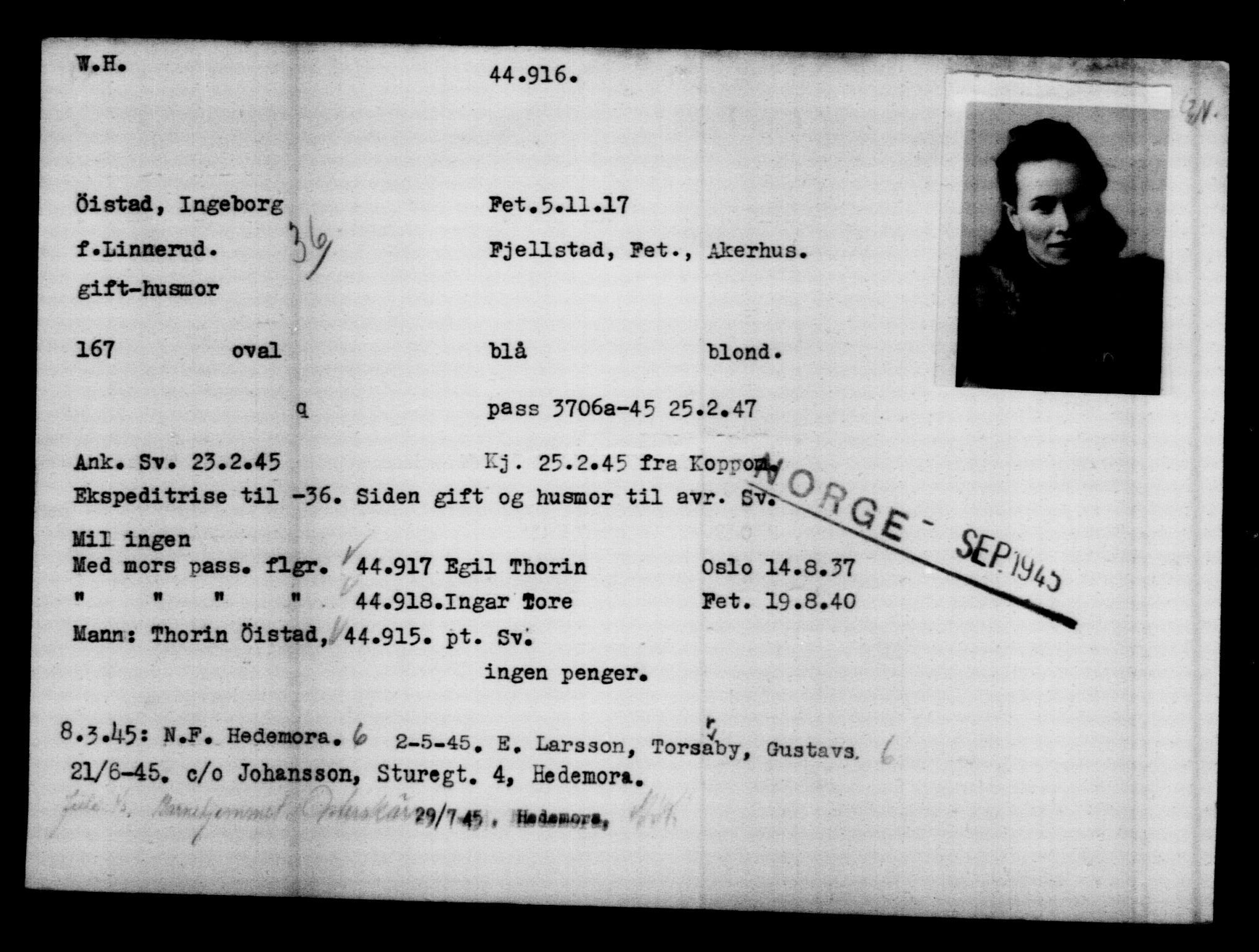 Utenriksstasjonene, Legasjonen i Stockholm, Flyktningkontoret, AV/RA-S-6753/V/Va/L0017: Kjesäterkartoteket, flyktninger med registreringsnr. 43400-46318, 1940-1945, s. 1588