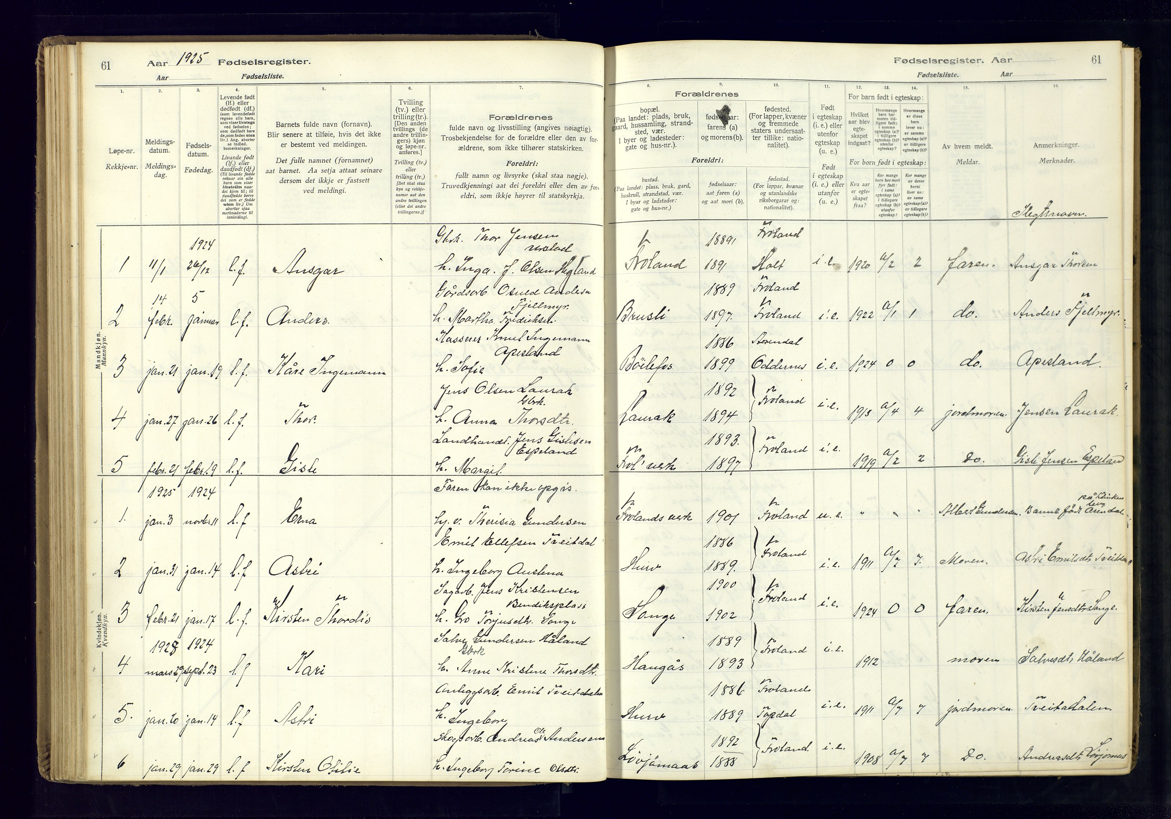 Froland sokneprestkontor, SAK/1111-0013/J/Ja/L0001: Fødselsregister nr. 1, 1916-1950, s. 61
