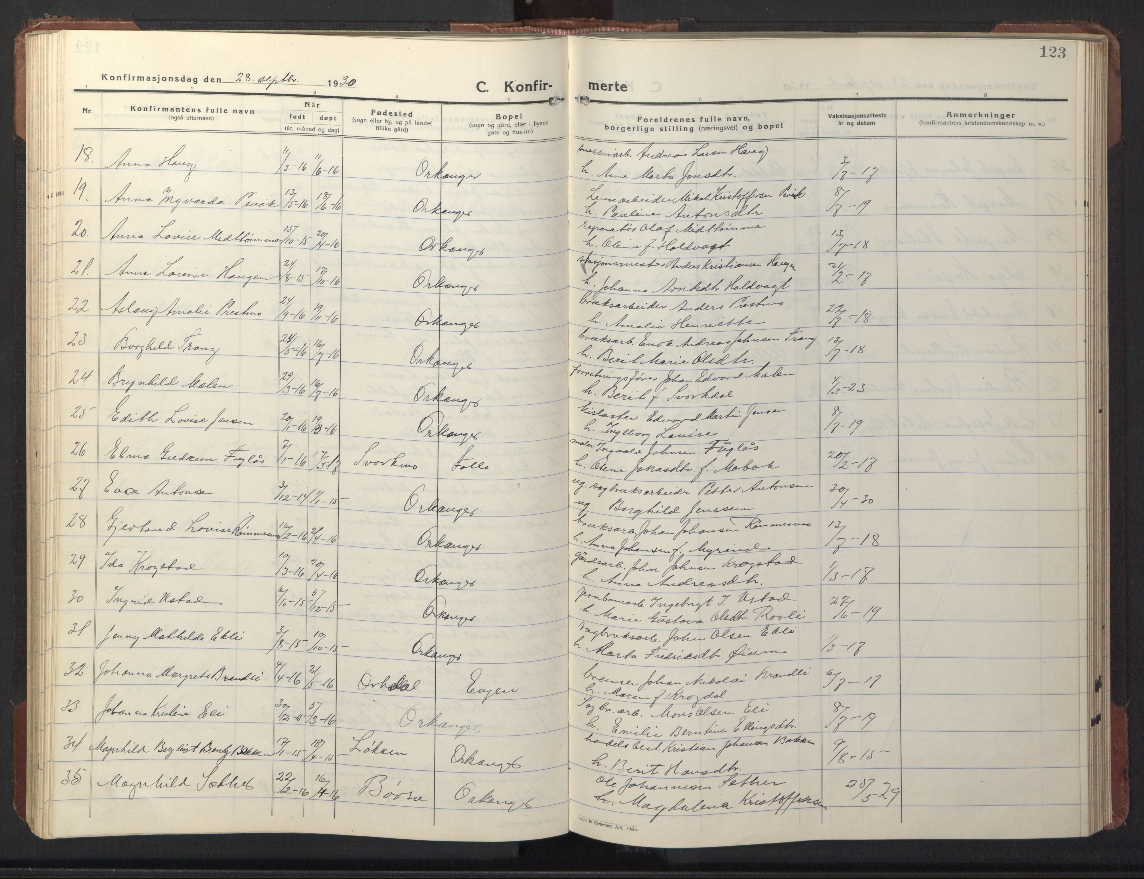 Ministerialprotokoller, klokkerbøker og fødselsregistre - Sør-Trøndelag, AV/SAT-A-1456/669/L0832: Klokkerbok nr. 669C02, 1925-1953, s. 123