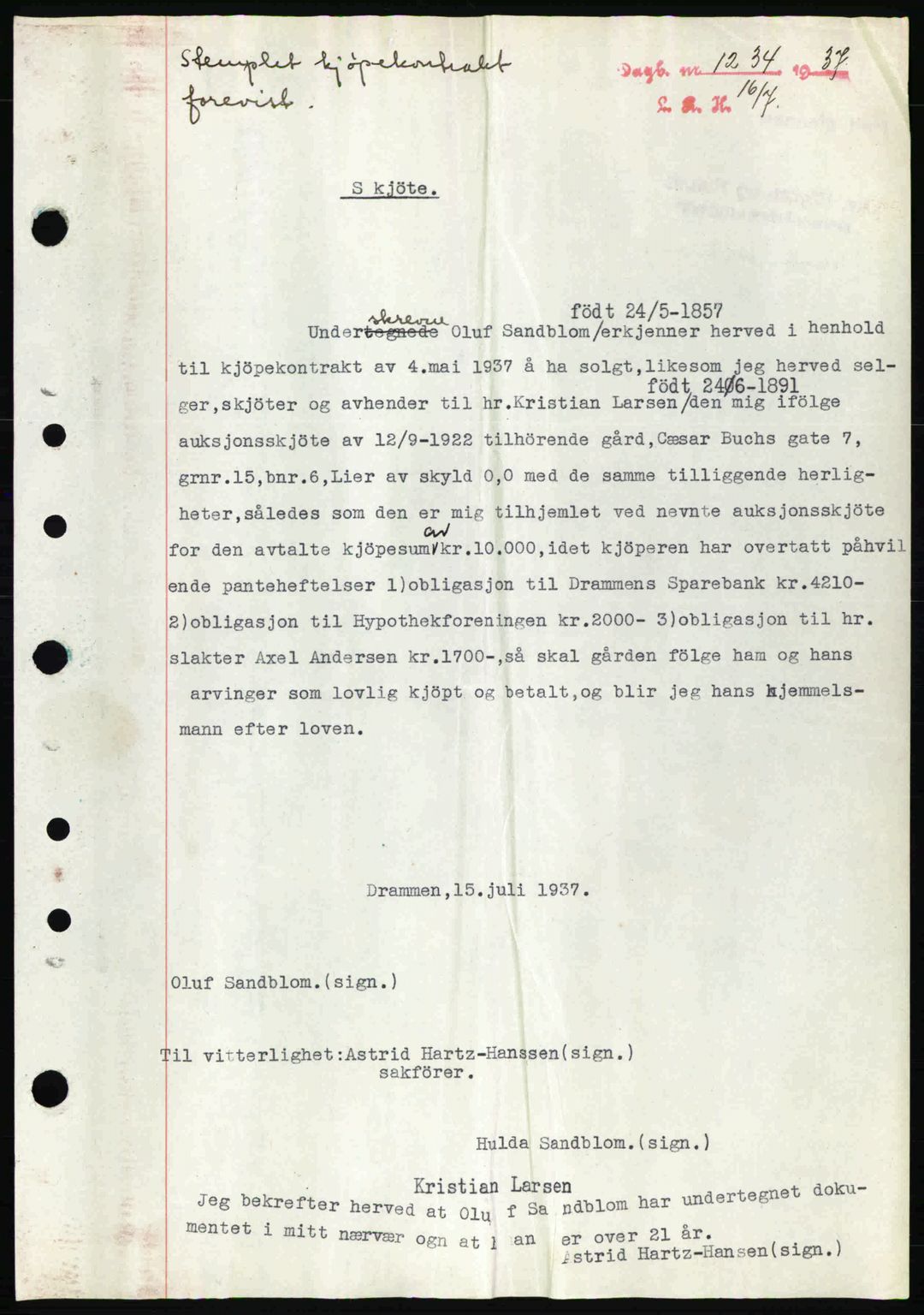 Lier, Røyken og Hurum sorenskriveri, SAKO/A-89/G/Ga/Gab/L0057: Pantebok nr. 57, 1937-1937, Dagboknr: 1234/1937