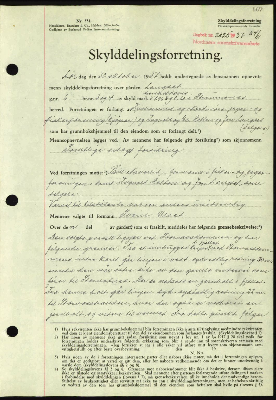 Nordmøre sorenskriveri, SAT/A-4132/1/2/2Ca: Pantebok nr. A82, 1937-1938, Dagboknr: 2825/1937