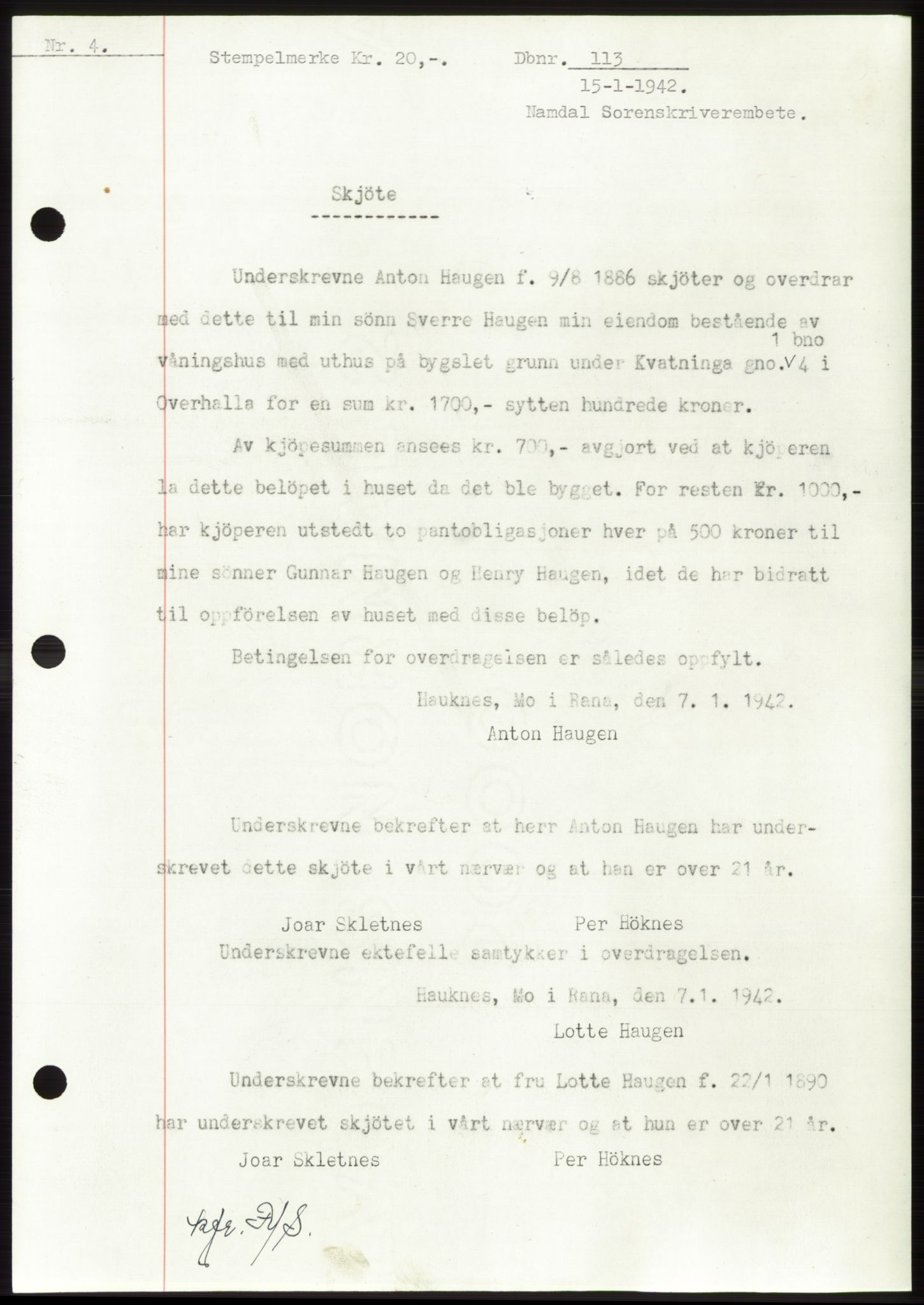 Namdal sorenskriveri, SAT/A-4133/1/2/2C: Pantebok nr. -, 1941-1942, Dagboknr: 113/1942