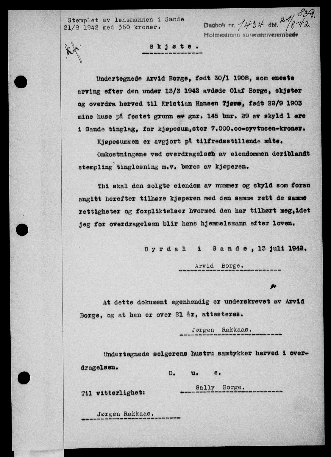 Holmestrand sorenskriveri, SAKO/A-67/G/Ga/Gaa/L0055: Pantebok nr. A-55, 1942-1942, Dagboknr: 1434/1942