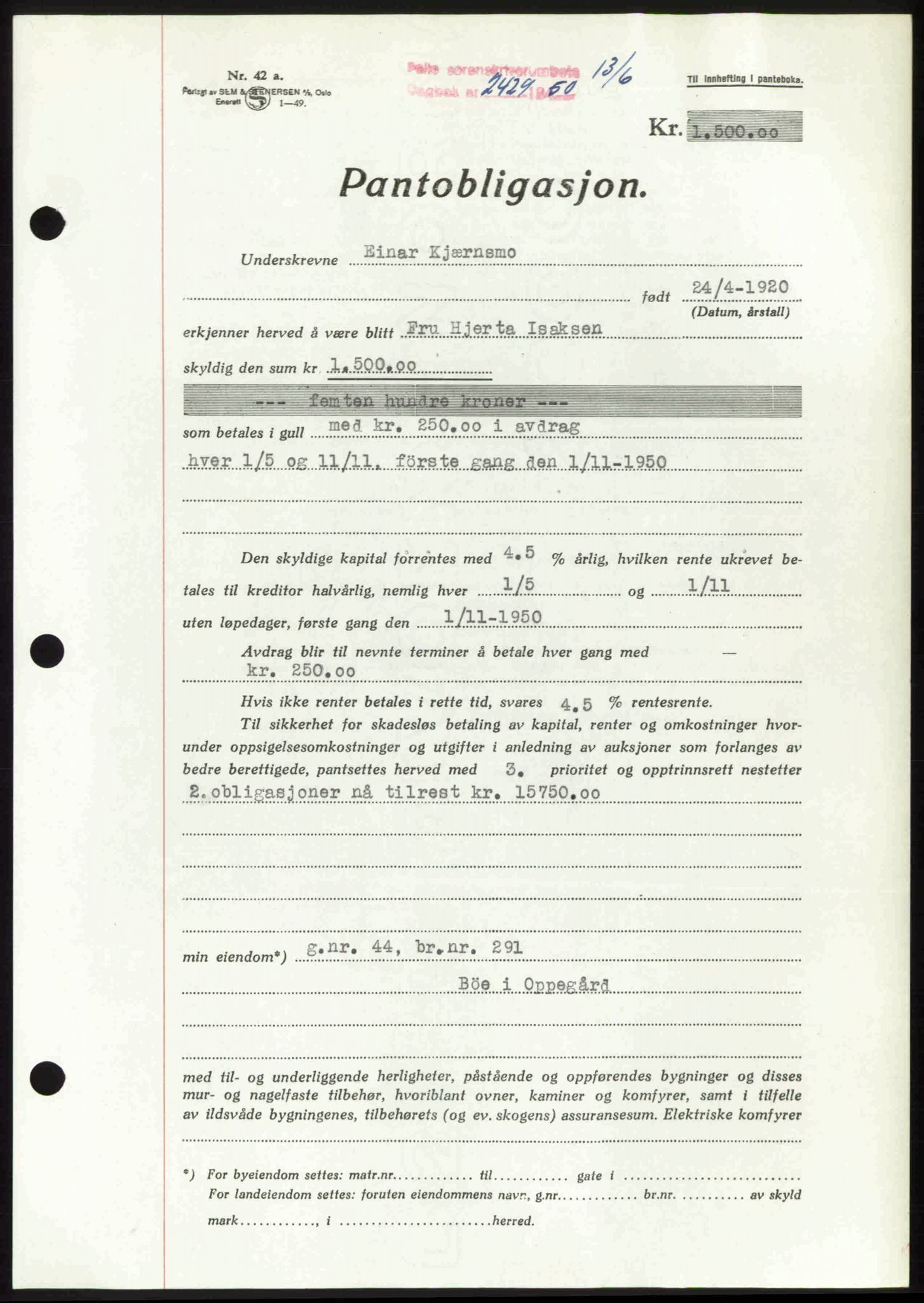 Follo sorenskriveri, SAO/A-10274/G/Ga/Gaa/L0092: Pantebok nr. I 92, 1950-1950, Dagboknr: 2429/1950