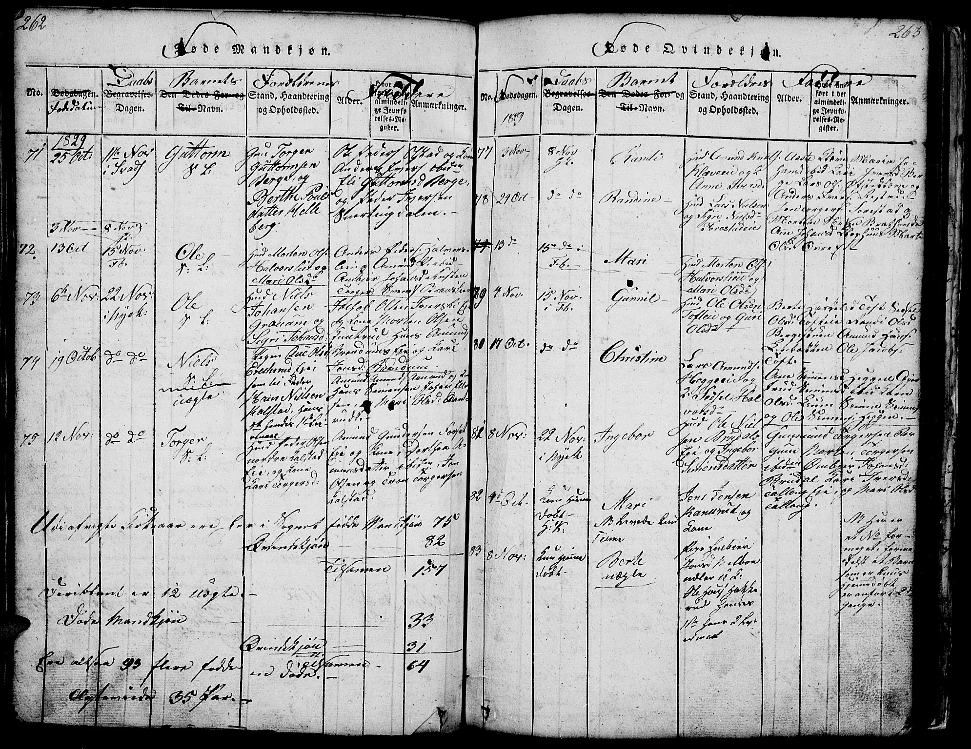 Gausdal prestekontor, SAH/PREST-090/H/Ha/Hab/L0001: Klokkerbok nr. 1, 1817-1848, s. 262-263