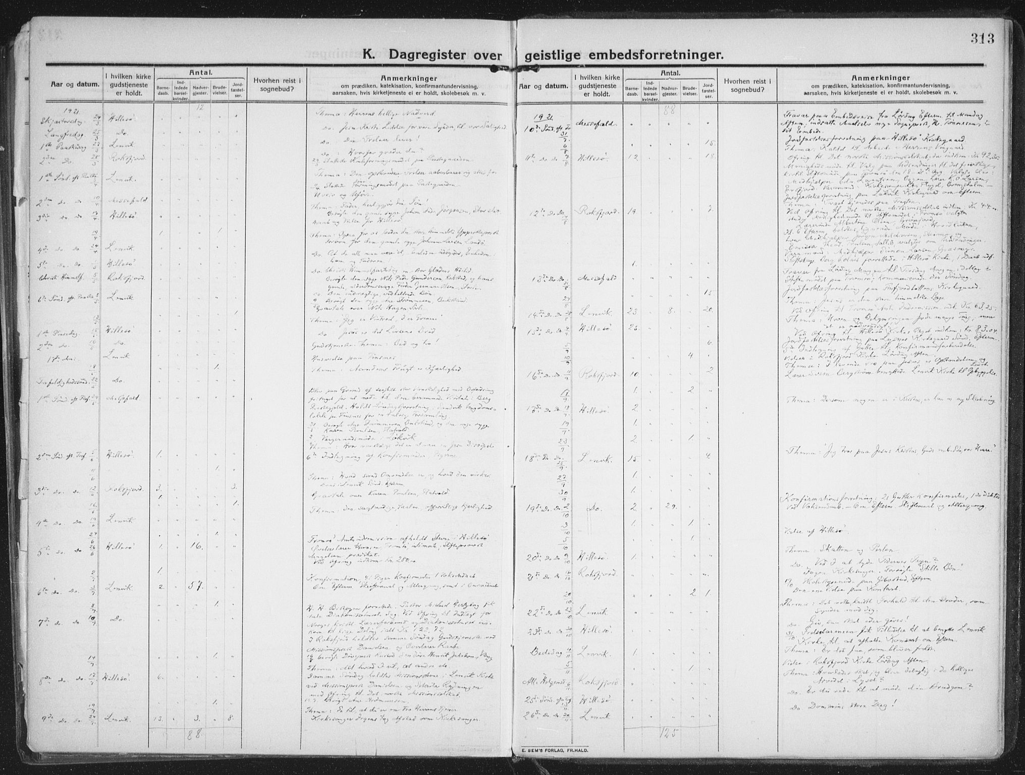 Lenvik sokneprestembete, SATØ/S-1310/H/Ha/Haa/L0016kirke: Ministerialbok nr. 16, 1910-1924, s. 313