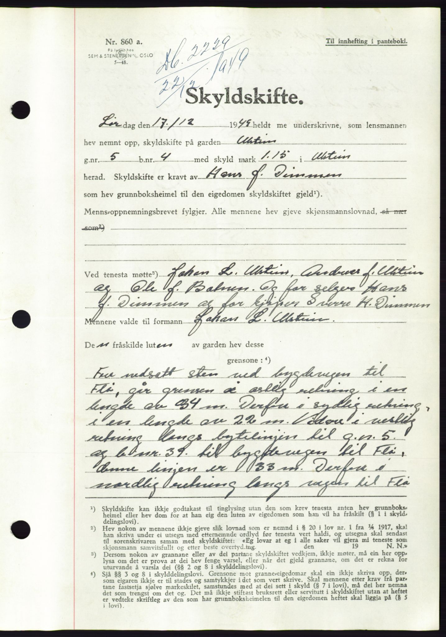 Søre Sunnmøre sorenskriveri, AV/SAT-A-4122/1/2/2C/L0085: Pantebok nr. 11A, 1949-1949, Dagboknr: 2229/1949