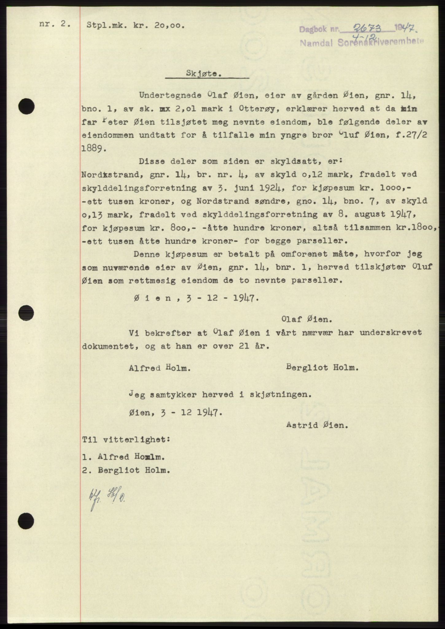 Namdal sorenskriveri, SAT/A-4133/1/2/2C: Pantebok nr. -, 1947-1948, Dagboknr: 2673/1947