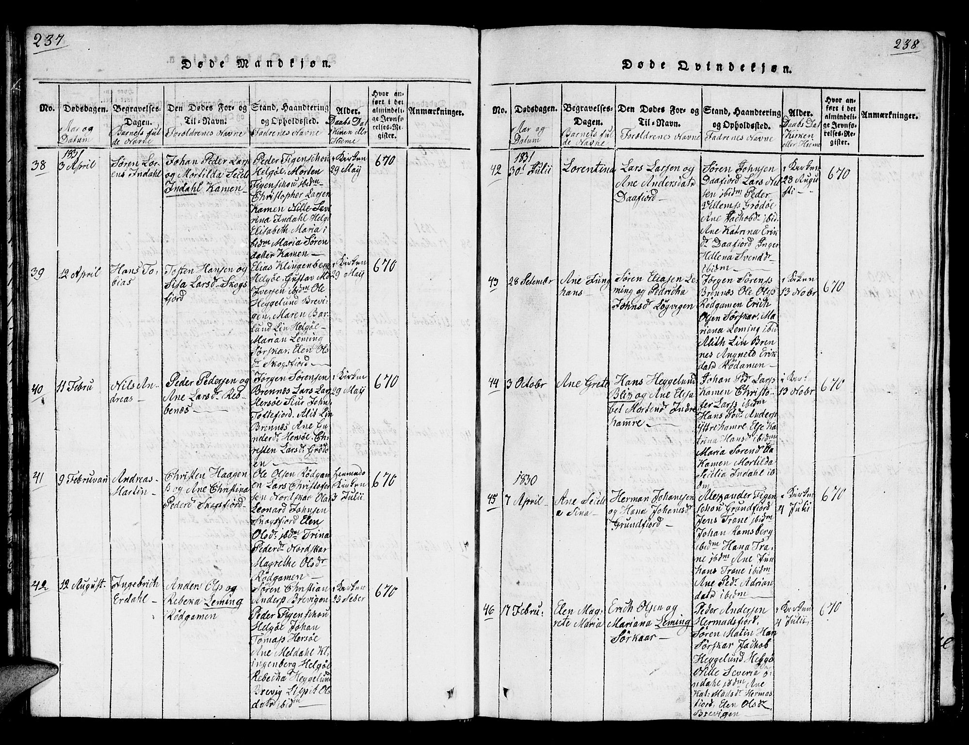 Karlsøy sokneprestembete, AV/SATØ-S-1299/H/Ha/Hab/L0001klokker: Klokkerbok nr. 1, 1821-1840, s. 237-238