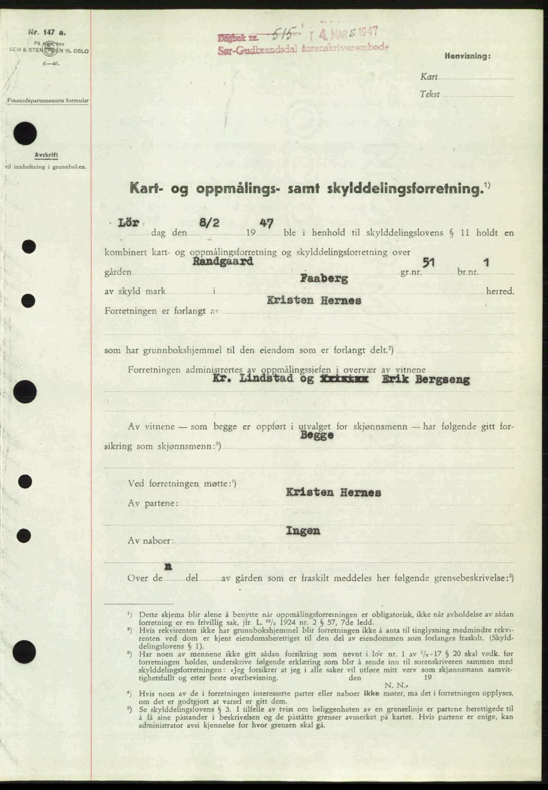 Sør-Gudbrandsdal tingrett, SAH/TING-004/H/Hb/Hbd/L0018: Pantebok nr. A18, 1947-1947, Dagboknr: 515/1947