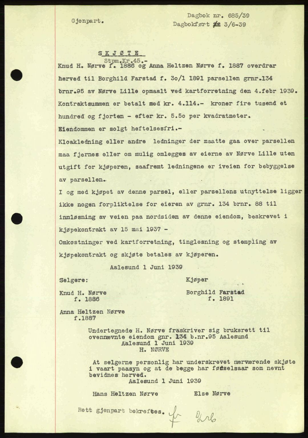 Ålesund byfogd, AV/SAT-A-4384: Pantebok nr. 34 II, 1938-1940, Dagboknr: 685/1939
