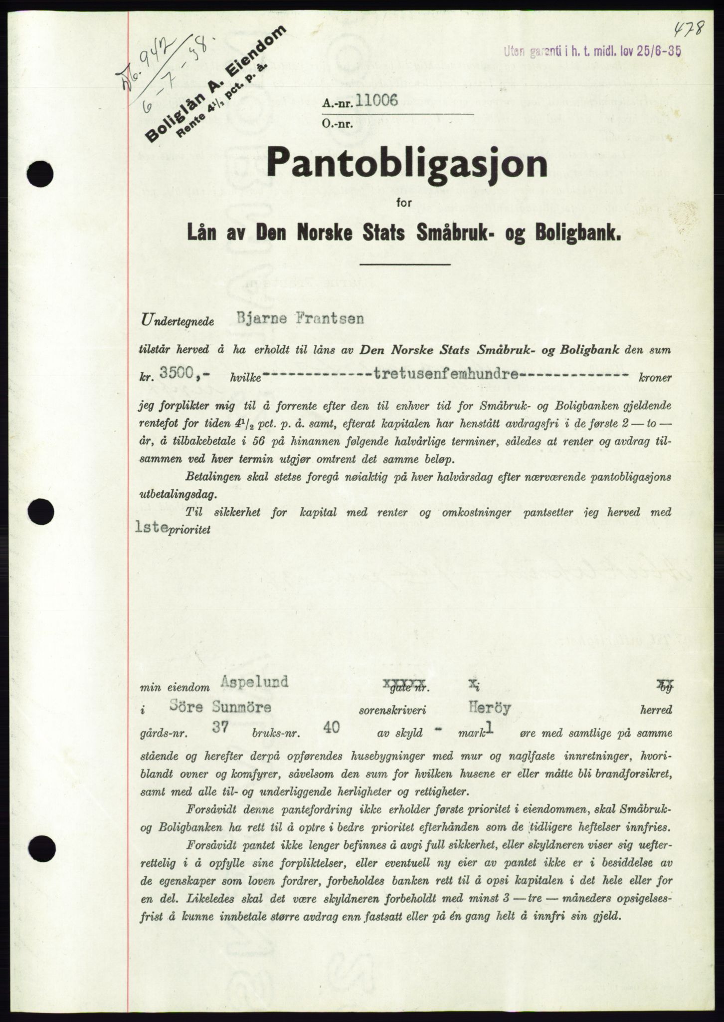 Søre Sunnmøre sorenskriveri, AV/SAT-A-4122/1/2/2C/L0065: Pantebok nr. 59, 1938-1938, Dagboknr: 942/1938