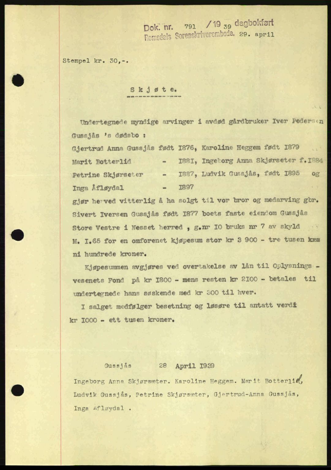 Romsdal sorenskriveri, AV/SAT-A-4149/1/2/2C: Pantebok nr. A6, 1938-1939, Dagboknr: 791/1939