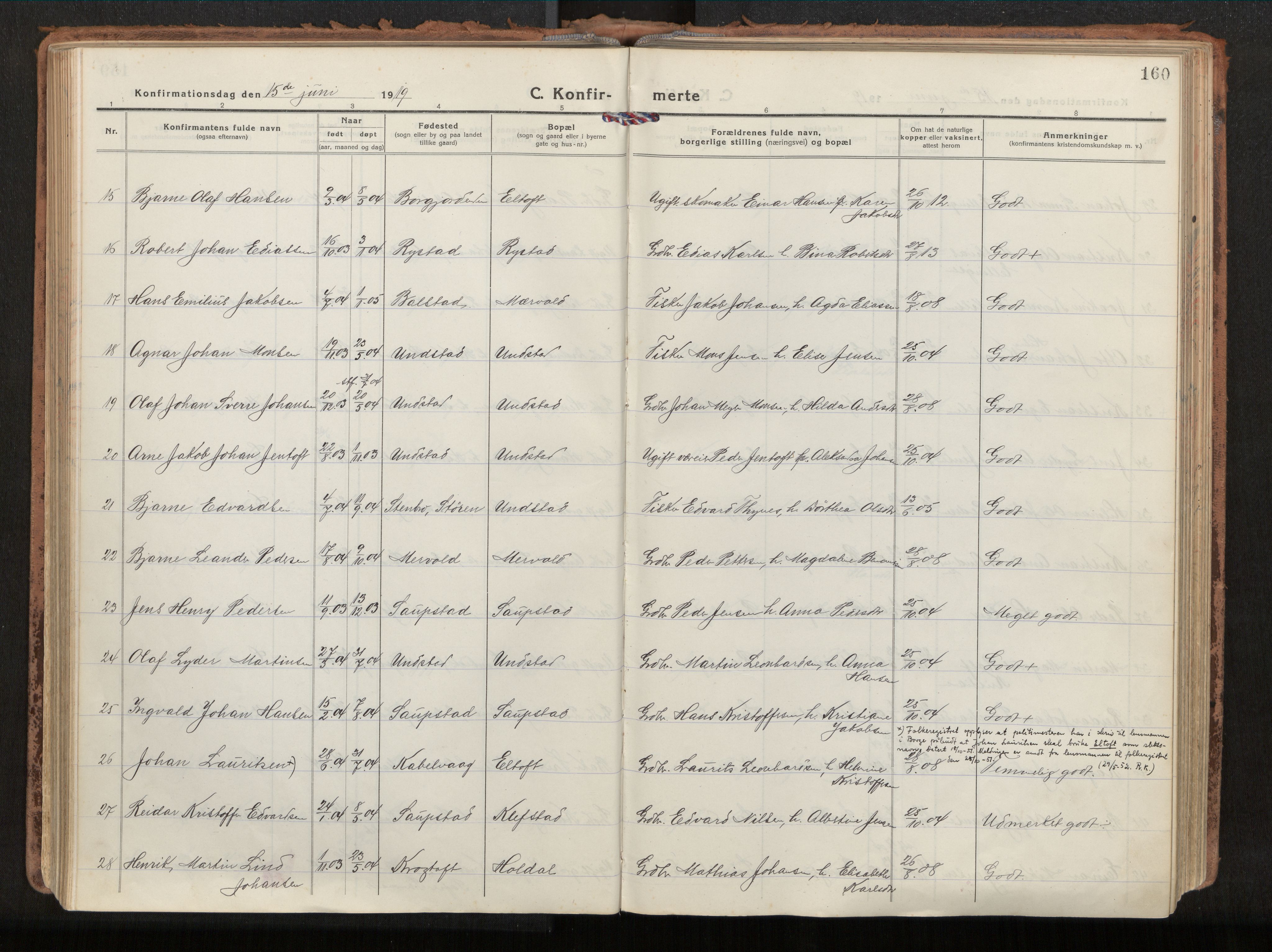 Ministerialprotokoller, klokkerbøker og fødselsregistre - Nordland, AV/SAT-A-1459/880/L1136: Ministerialbok nr. 880A10, 1919-1927, s. 160