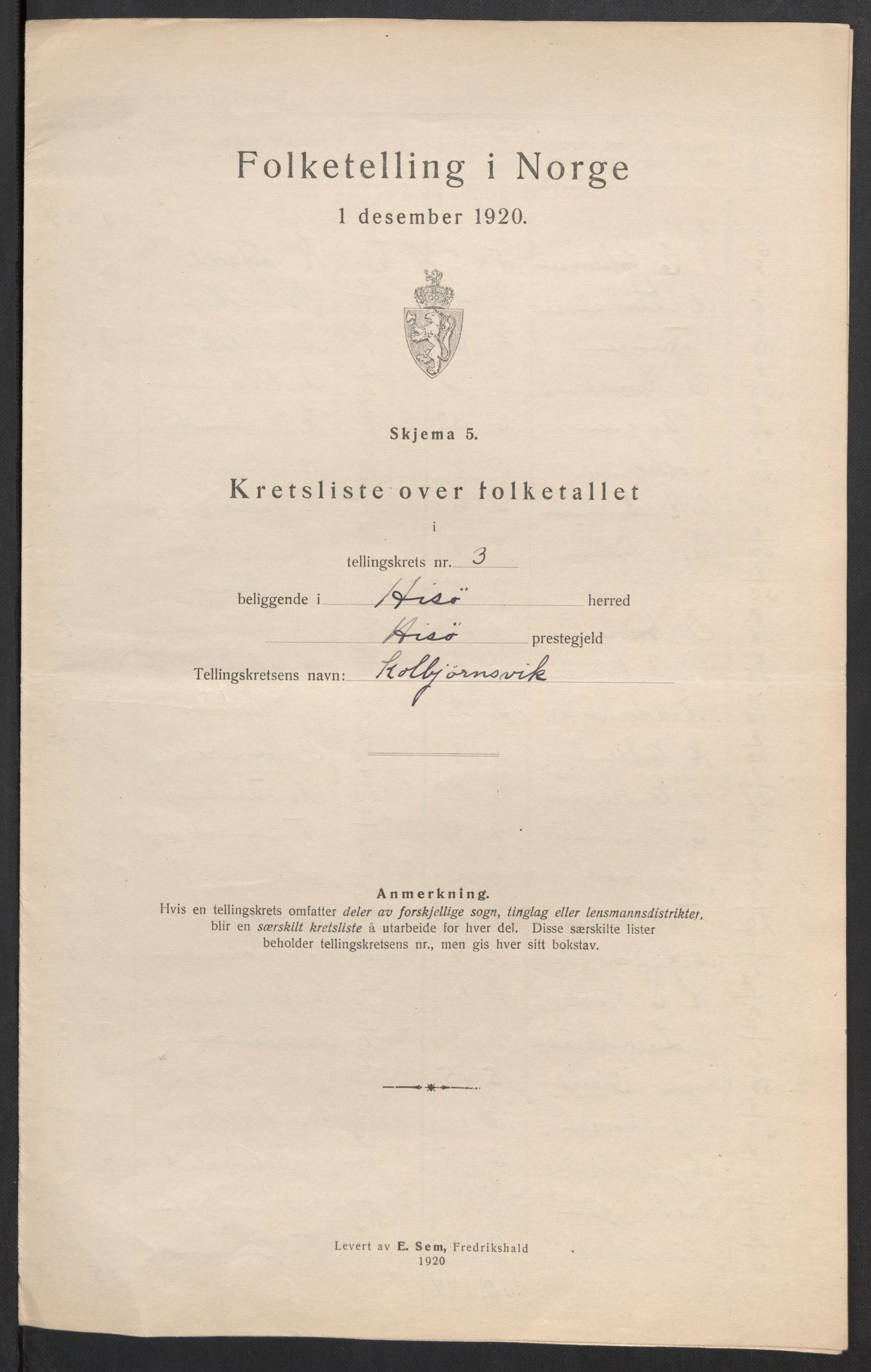 SAK, Folketelling 1920 for 0922 Hisøy herred, 1920, s. 19