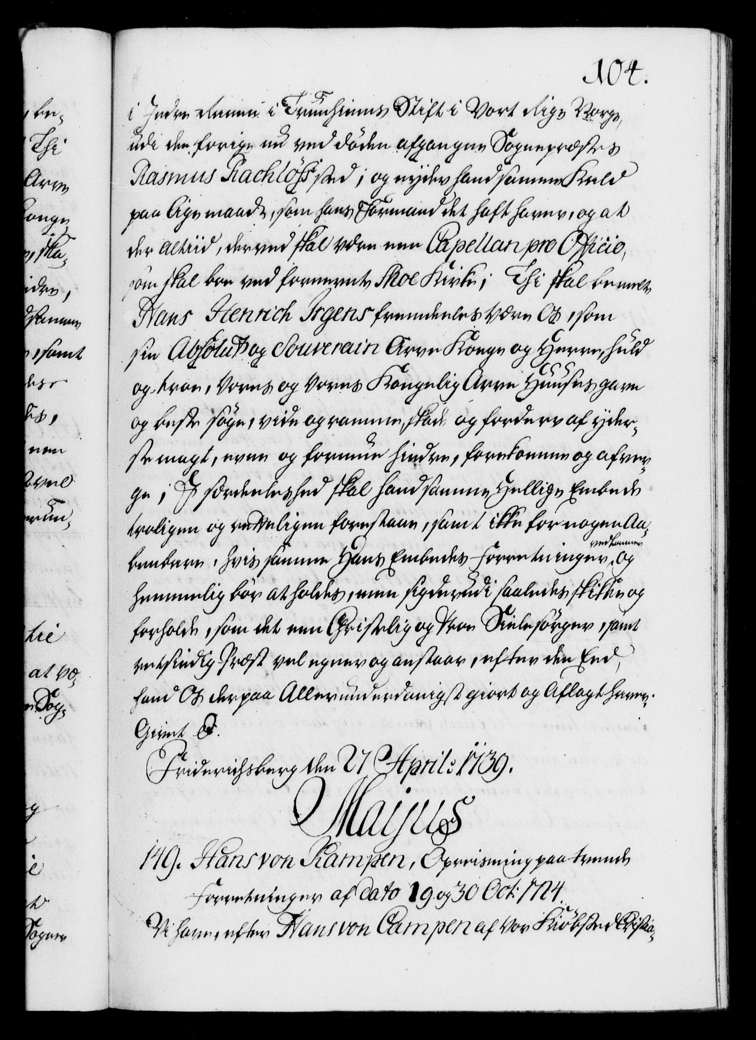 Danske Kanselli 1572-1799, RA/EA-3023/F/Fc/Fca/Fcaa/L0031: Norske registre, 1739-1740, s. 104a