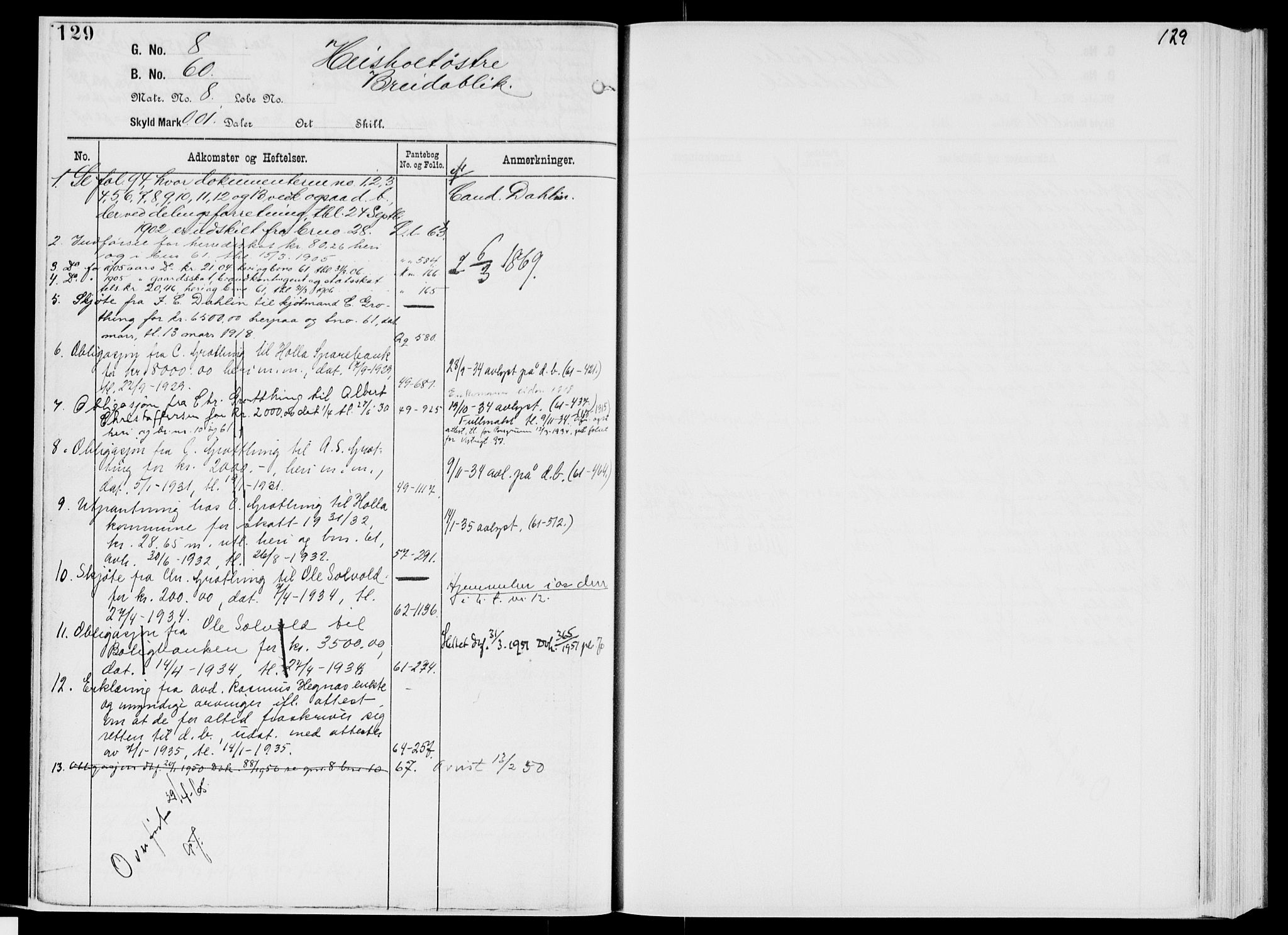 Nedre Telemark sorenskriveri, AV/SAKO-A-135/G/Gb/Gbg/L0001: Panteregister nr. VII 1, s. 129