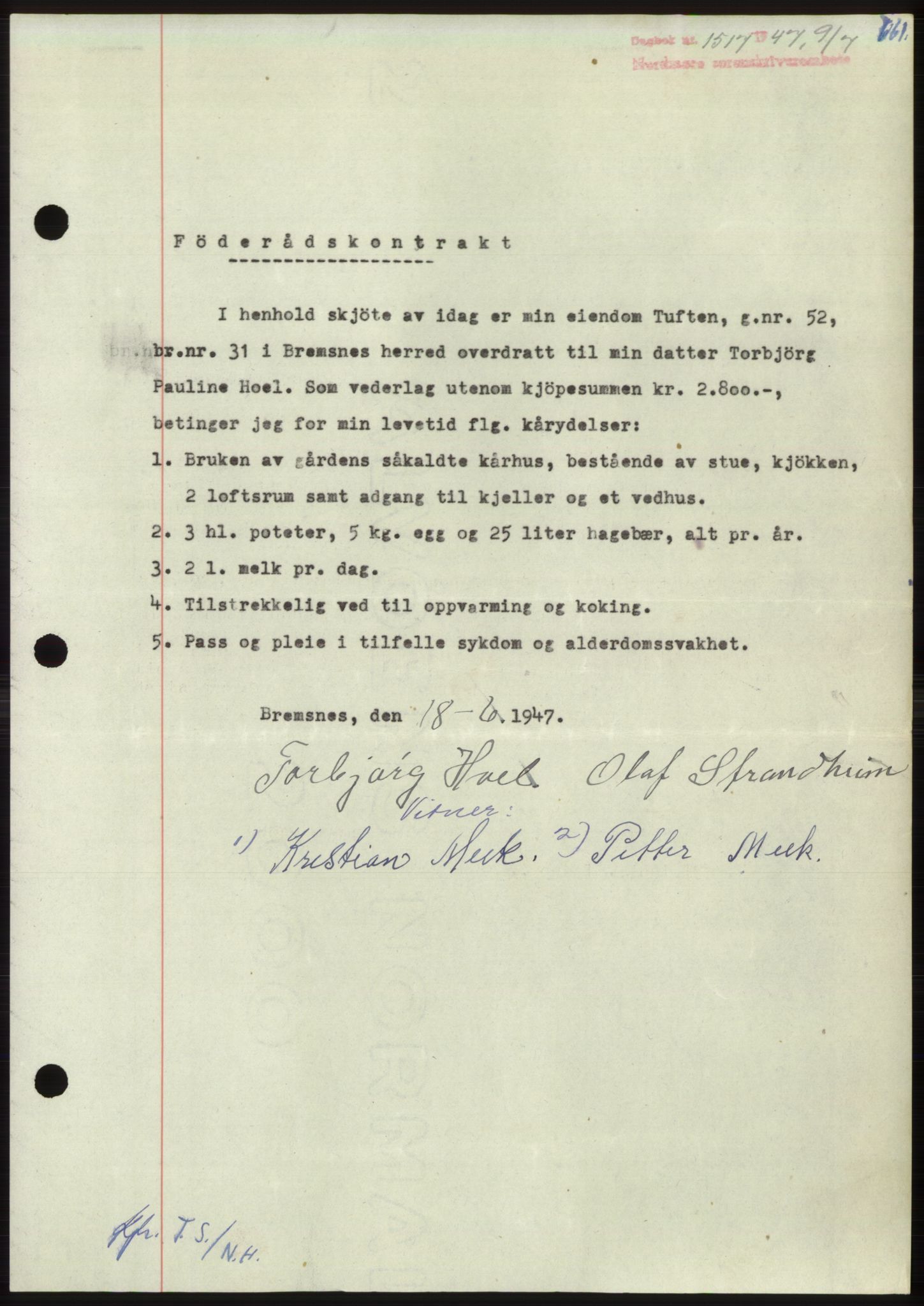 Nordmøre sorenskriveri, SAT/A-4132/1/2/2Ca: Pantebok nr. B96, 1947-1947, Dagboknr: 1517/1947