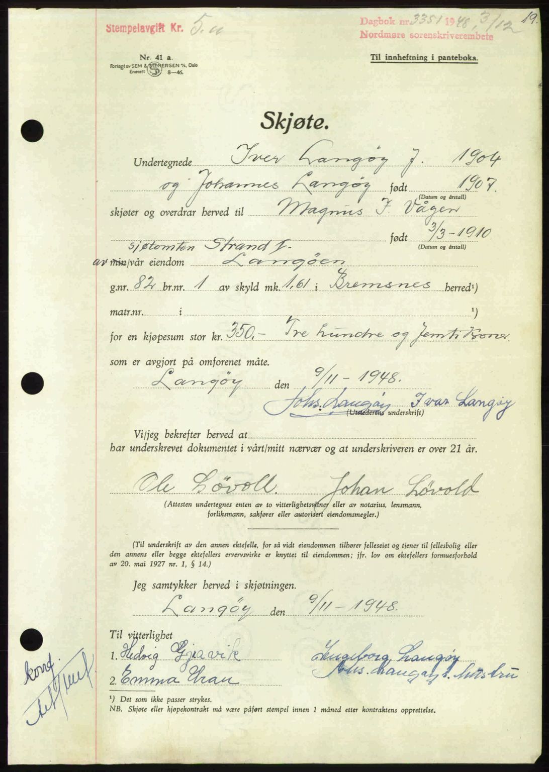 Nordmøre sorenskriveri, SAT/A-4132/1/2/2Ca: Pantebok nr. A110, 1948-1949, Dagboknr: 3351/1948