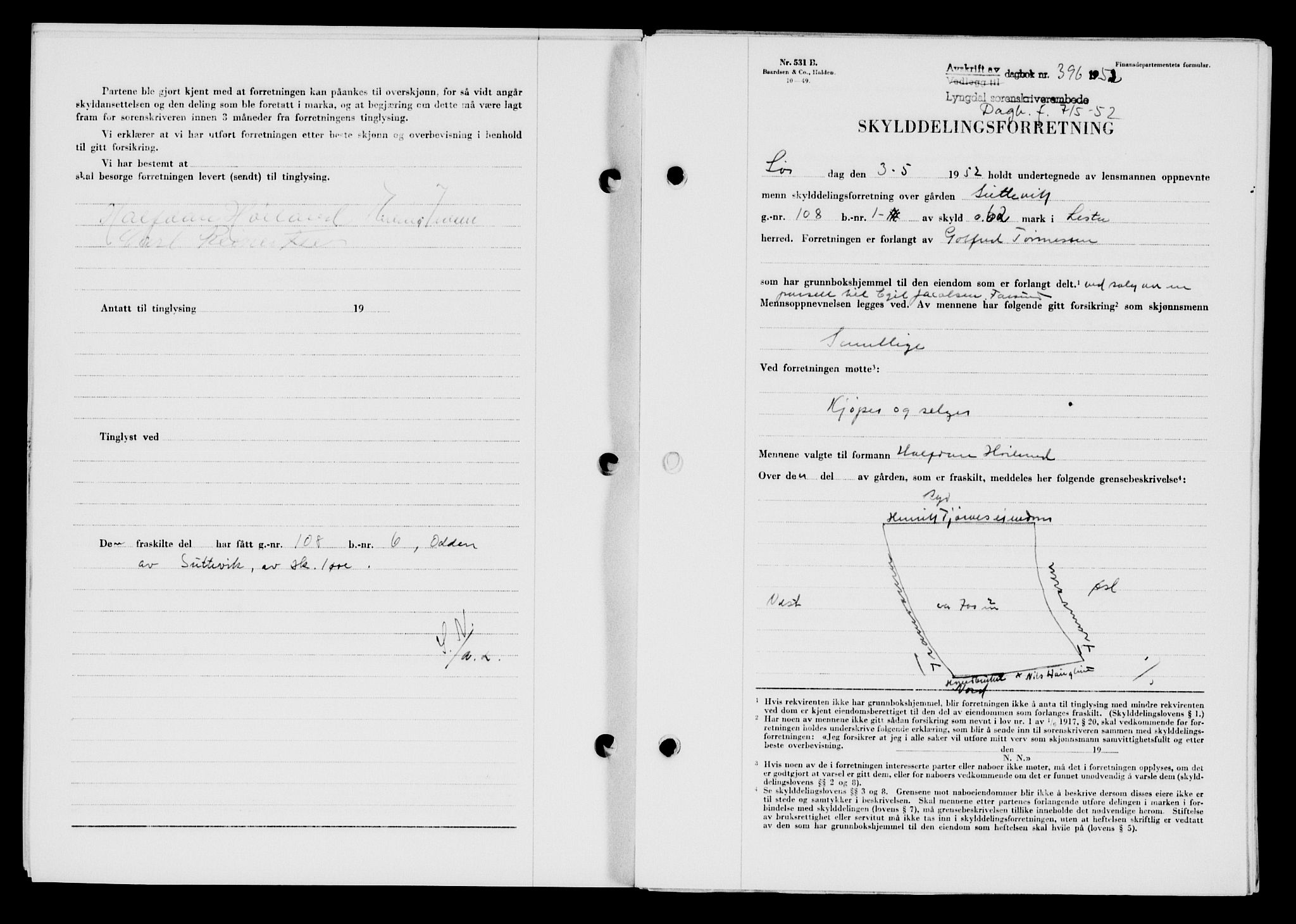 Lyngdal sorenskriveri, AV/SAK-1221-0004/G/Gb/L0667: Pantebok nr. A XIII, 1951-1952, Dagboknr: 396/1952