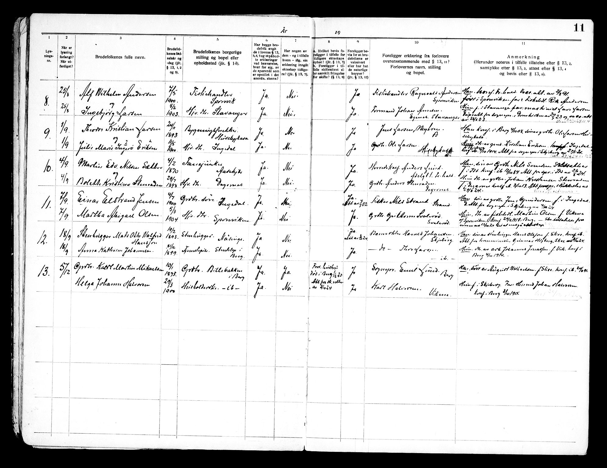 Berg prestekontor Kirkebøker, AV/SAO-A-10902/H/Ha/L0002: Lysningsprotokoll nr. I 2, 1919-1966, s. 11