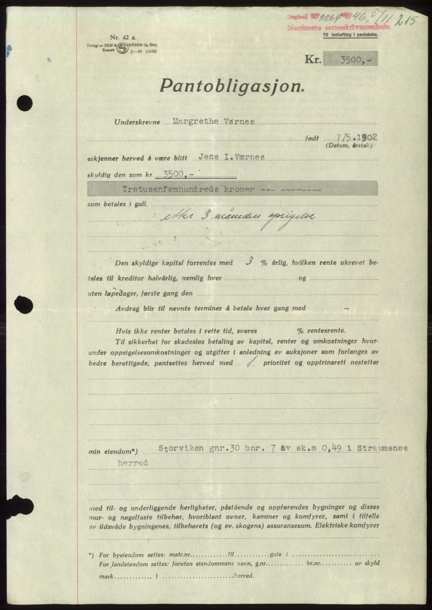 Nordmøre sorenskriveri, AV/SAT-A-4132/1/2/2Ca: Pantebok nr. B95, 1946-1947, Dagboknr: 2264/1946