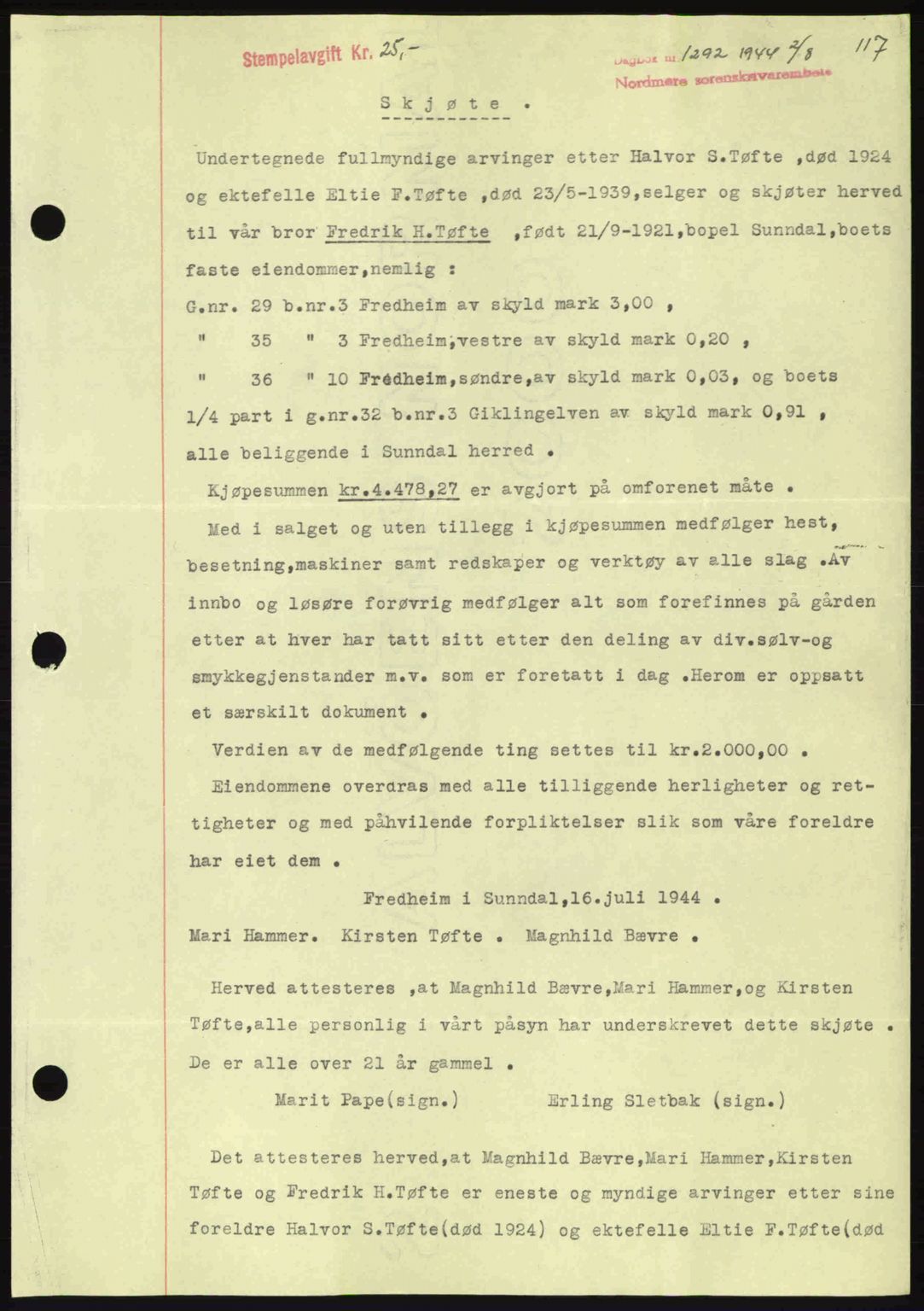 Nordmøre sorenskriveri, SAT/A-4132/1/2/2Ca: Pantebok nr. A98, 1944-1944, Dagboknr: 1292/1944