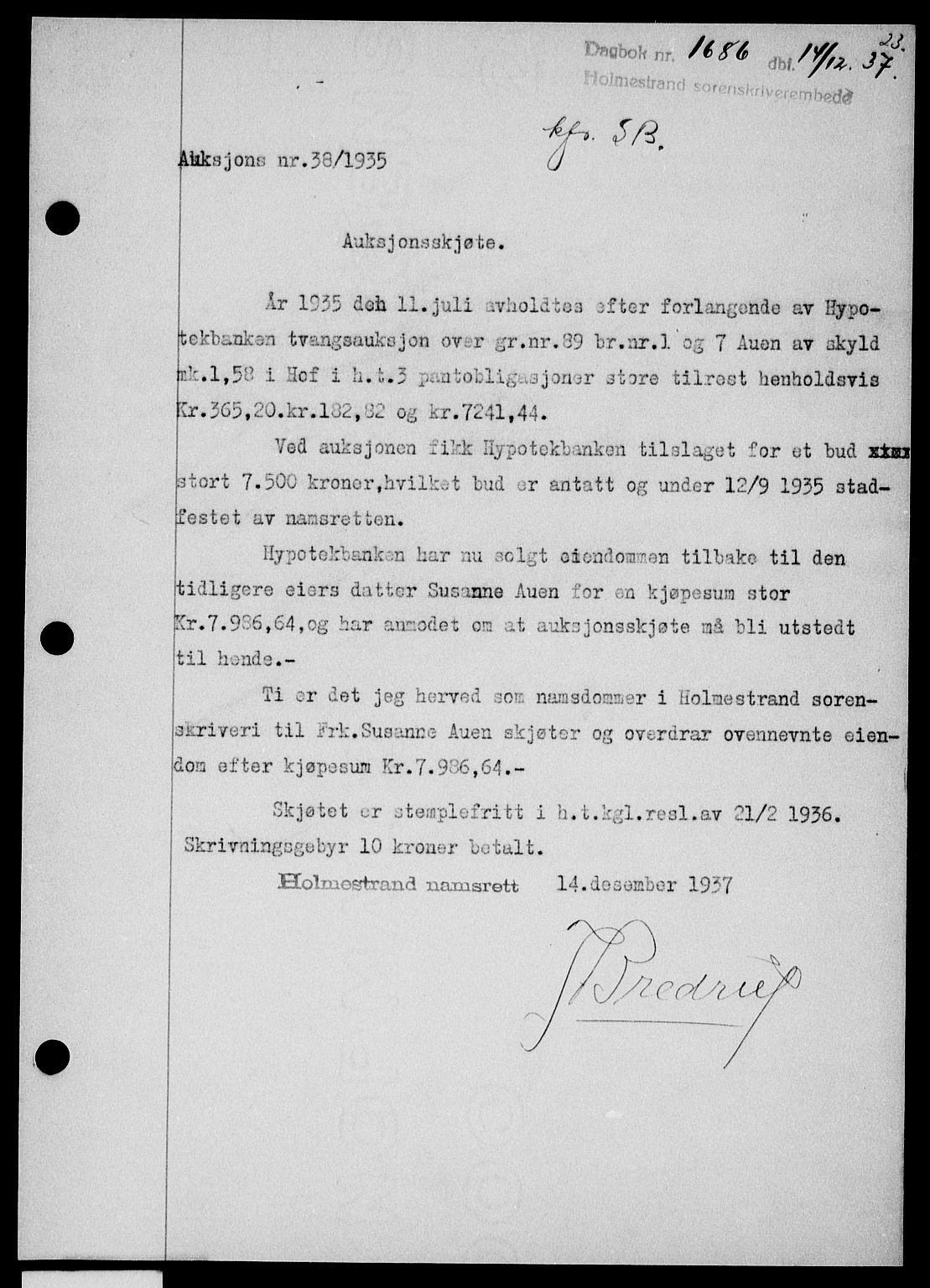 Holmestrand sorenskriveri, SAKO/A-67/G/Ga/Gaa/L0049: Pantebok nr. A-49, 1937-1938, Dagboknr: 1686/1937