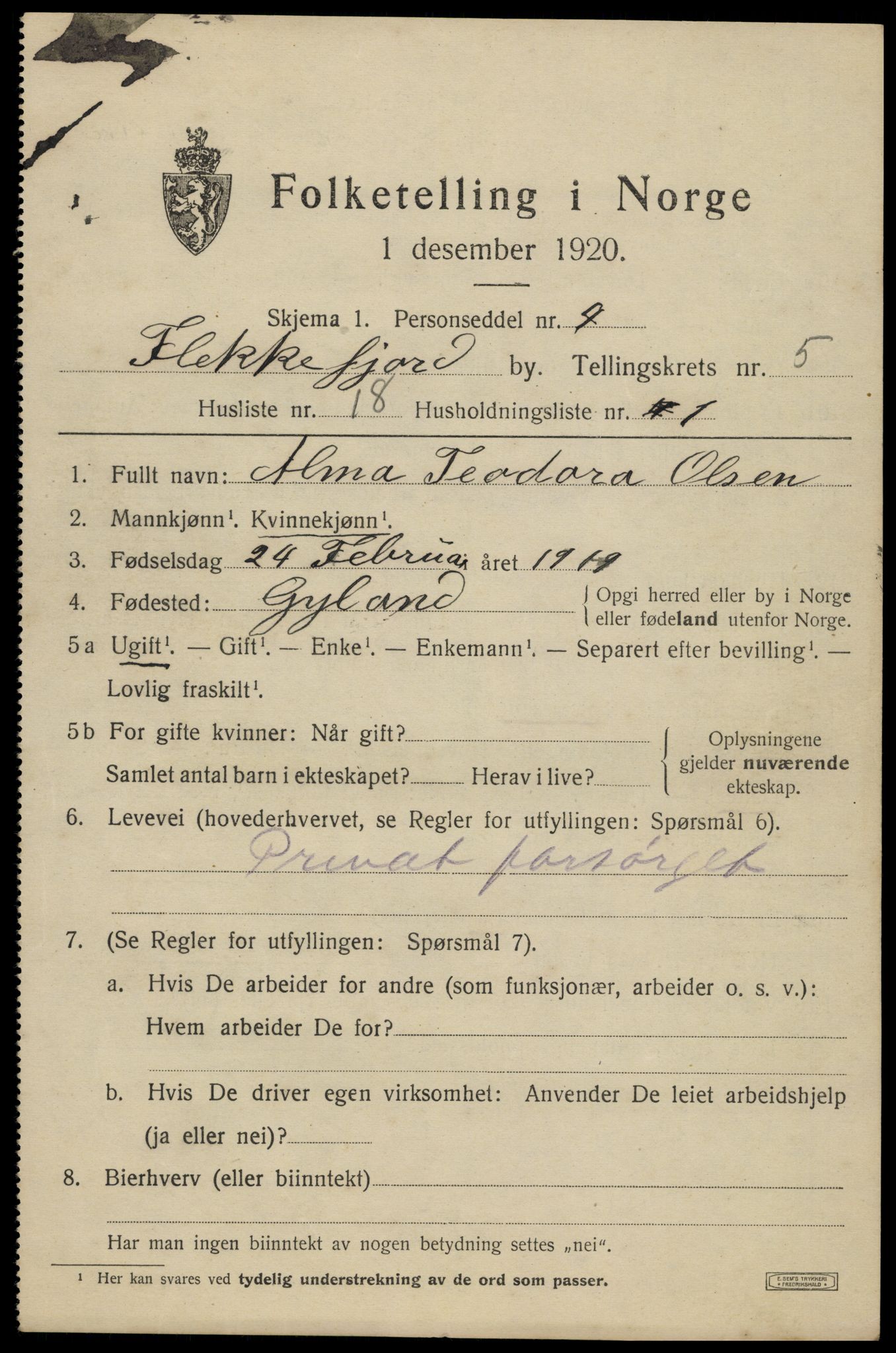 SAK, Folketelling 1920 for 1004 Flekkefjord kjøpstad, 1920, s. 5432