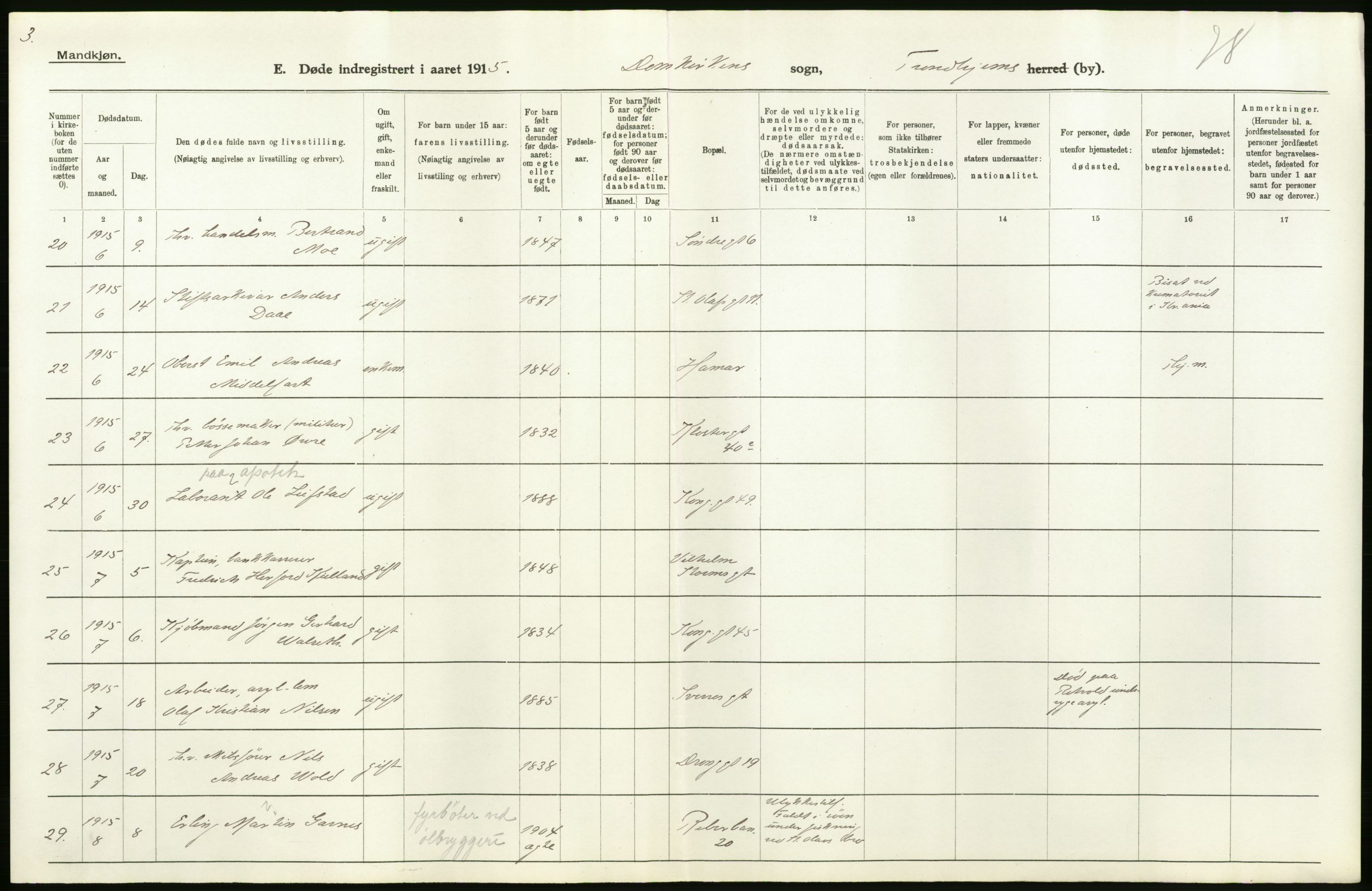 Statistisk sentralbyrå, Sosiodemografiske emner, Befolkning, AV/RA-S-2228/D/Df/Dfb/Dfbe/L0044: Trondhjem: Gifte, døde, dødfødte., 1915, s. 194