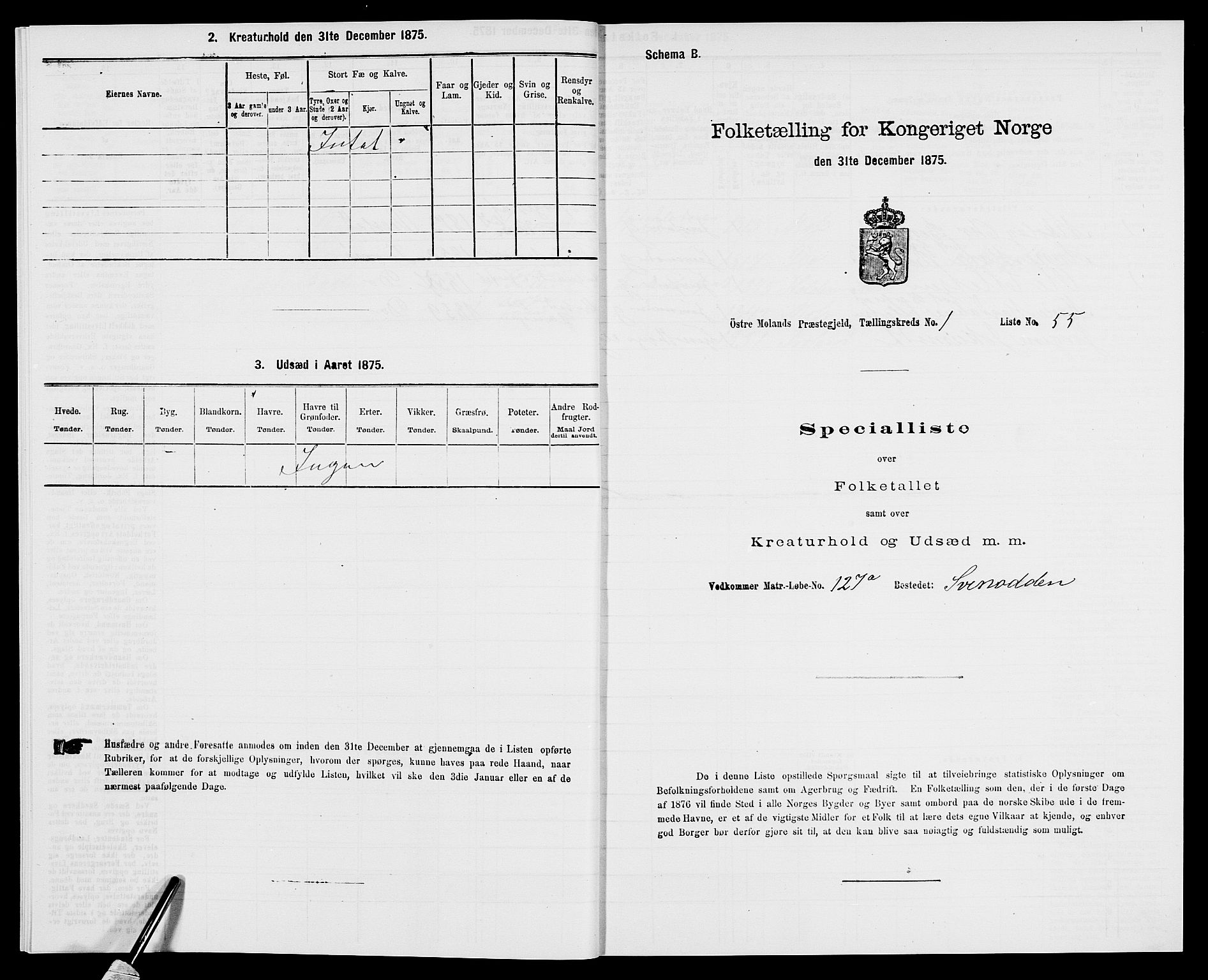 SAK, Folketelling 1875 for 0918P Austre Moland prestegjeld, 1875, s. 223