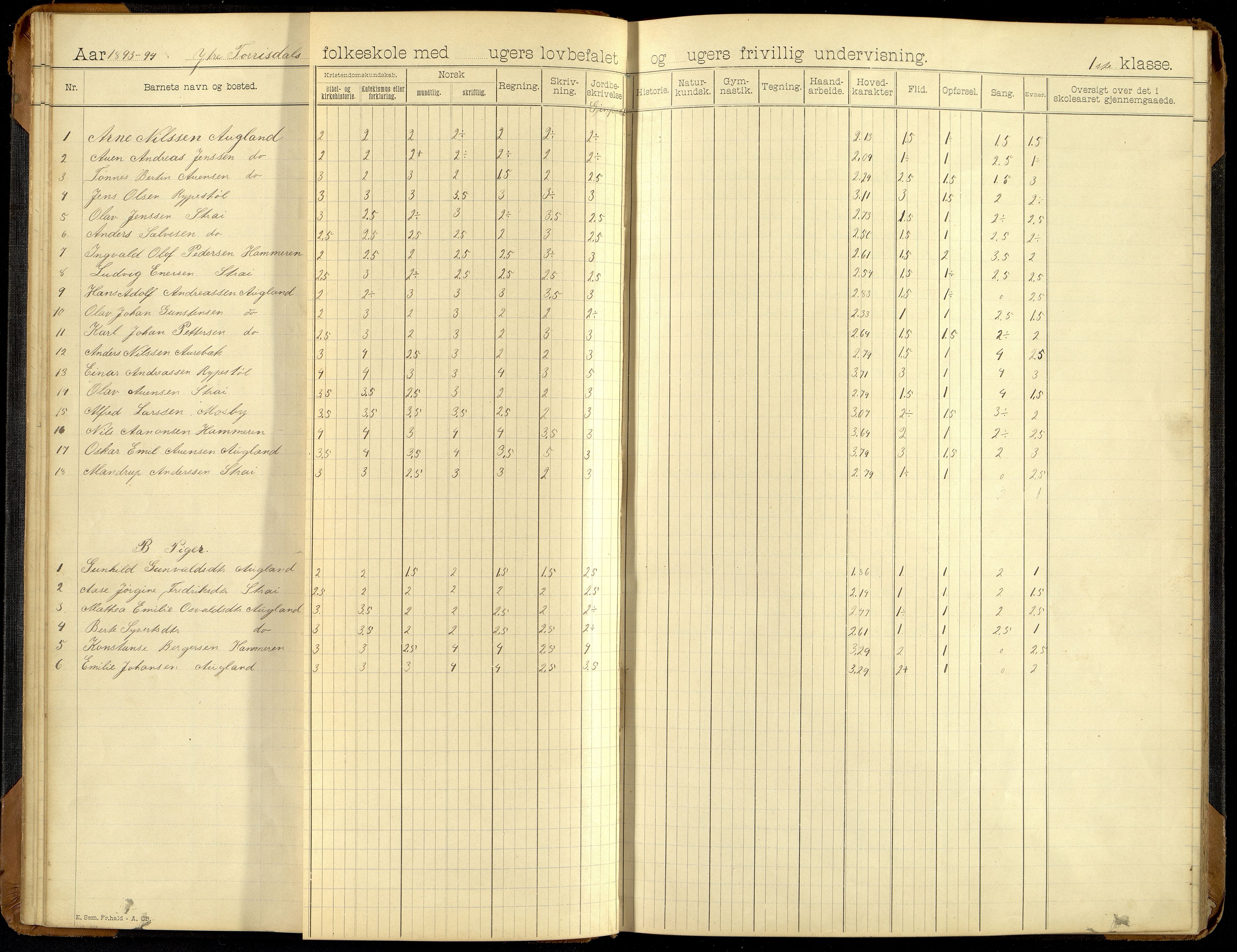 Oddernes kommune - Ytre Torridal skolekrets, ARKSOR/1001OD555/H/L0002: Skoleprotokoll (d), 1891-1902