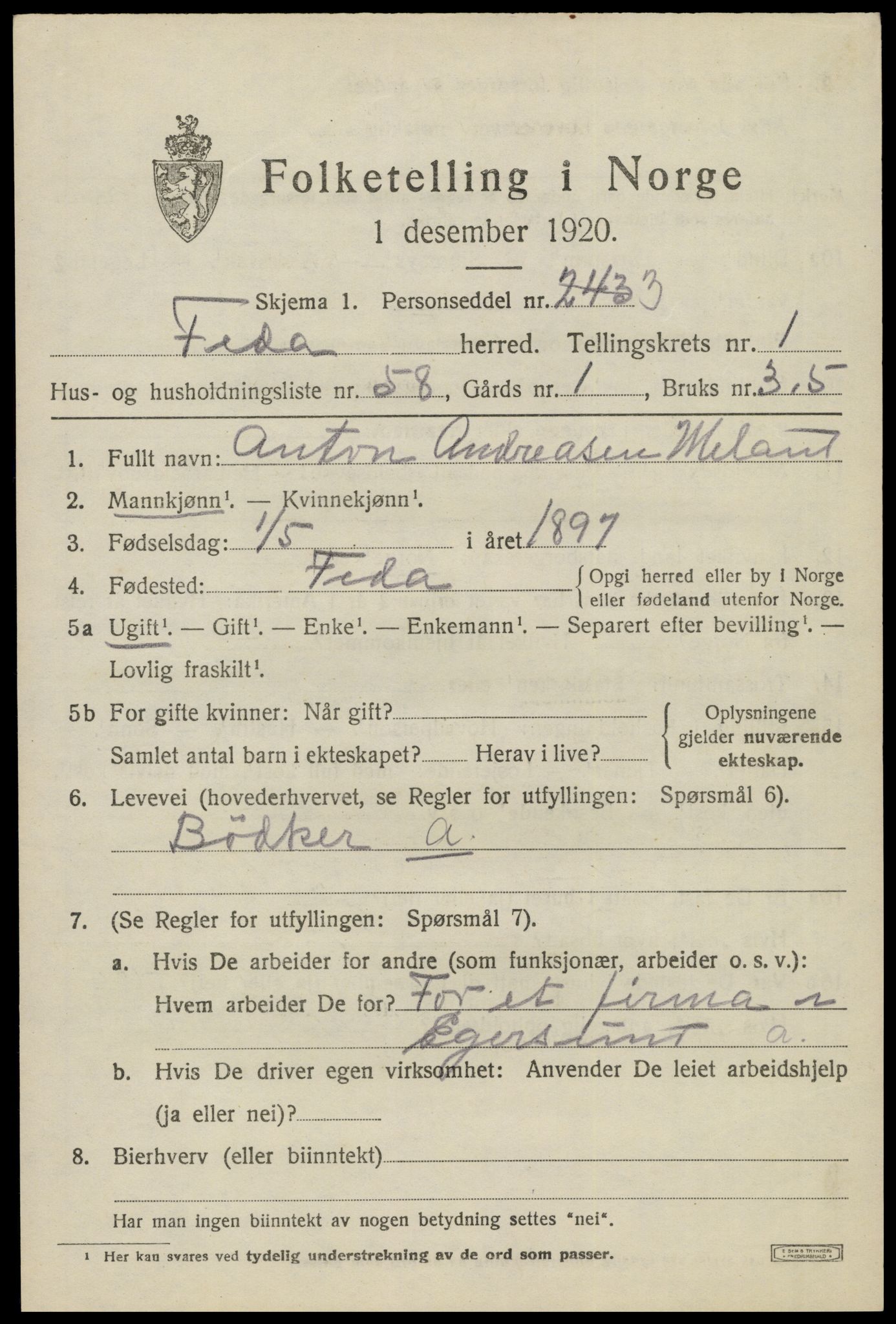SAK, Folketelling 1920 for 1038 Feda herred, 1920, s. 937