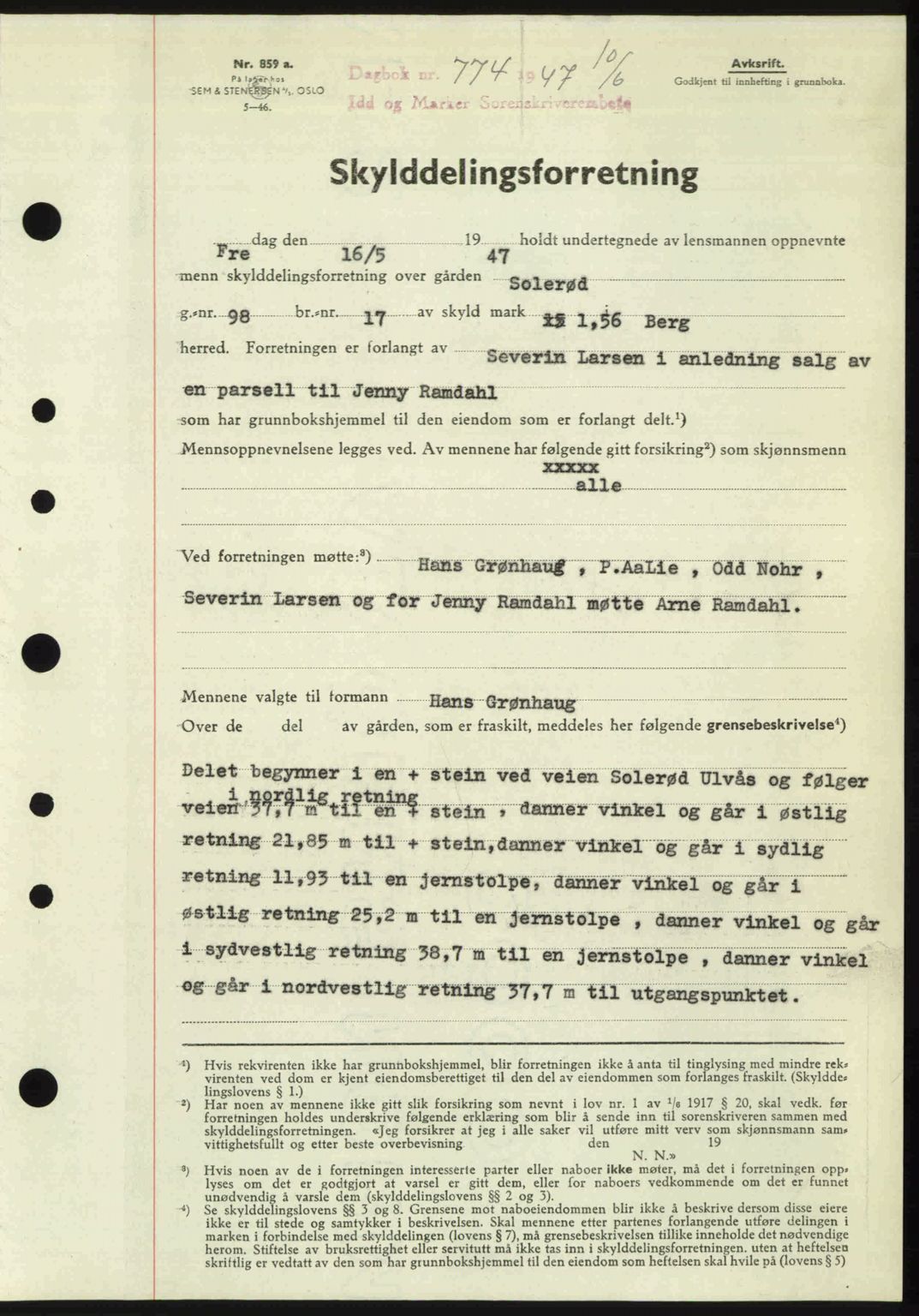 Idd og Marker sorenskriveri, SAO/A-10283/G/Gb/Gbb/L0009: Pantebok nr. A9, 1946-1947, Dagboknr: 774/1947