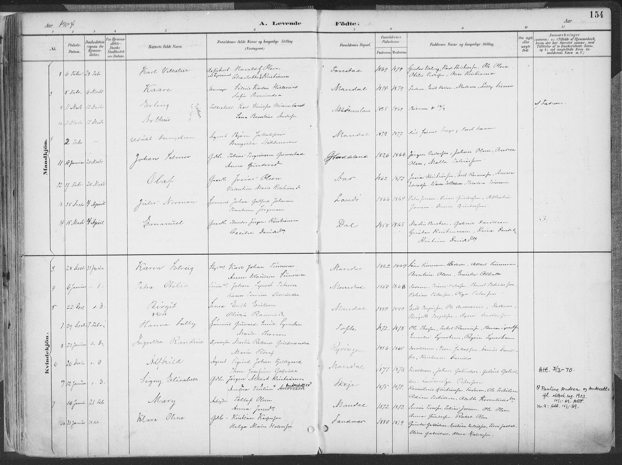 Mandal sokneprestkontor, SAK/1111-0030/F/Fa/Faa/L0018: Ministerialbok nr. A 18, 1890-1905, s. 154