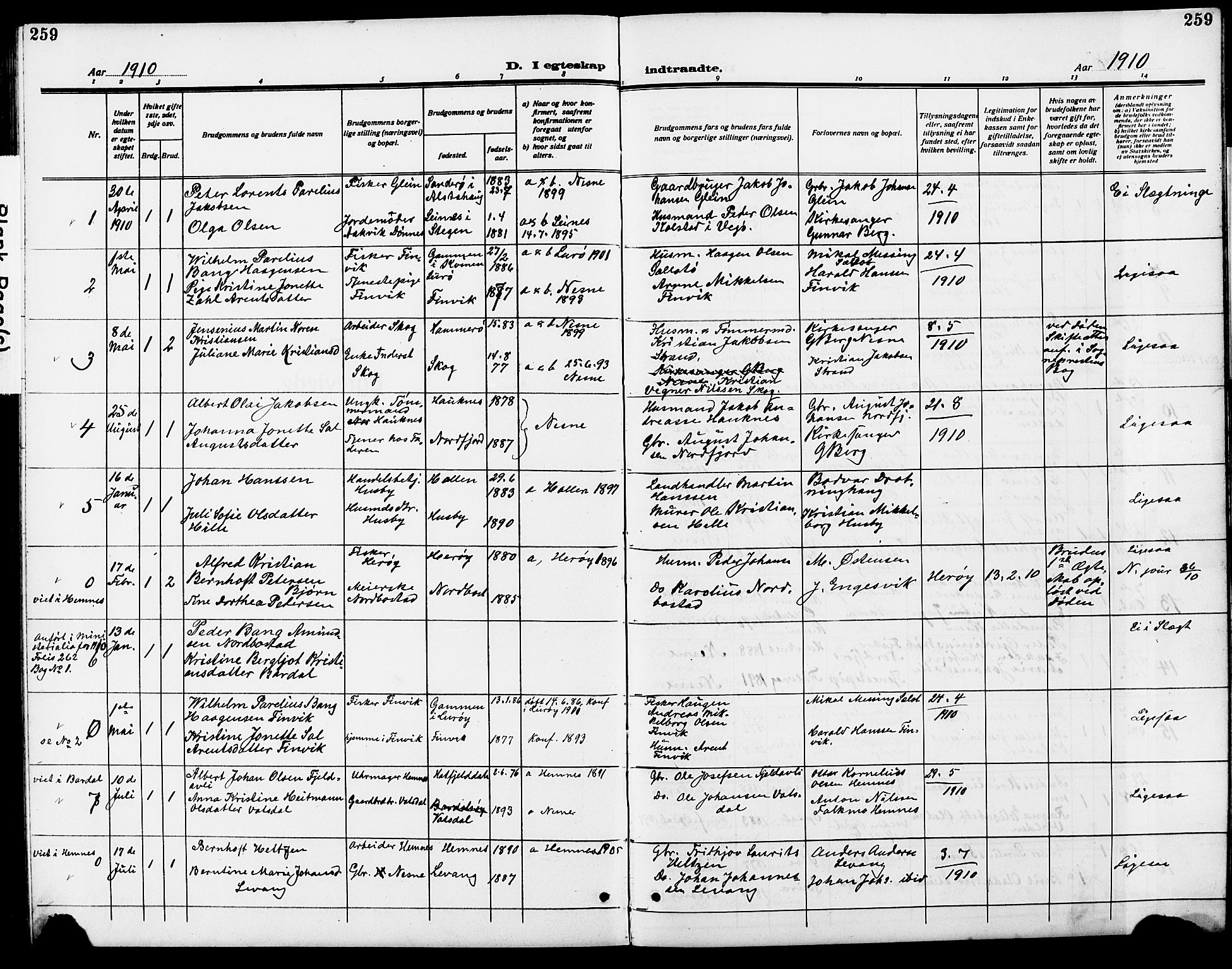 Ministerialprotokoller, klokkerbøker og fødselsregistre - Nordland, AV/SAT-A-1459/838/L0560: Klokkerbok nr. 838C07, 1910-1928, s. 259