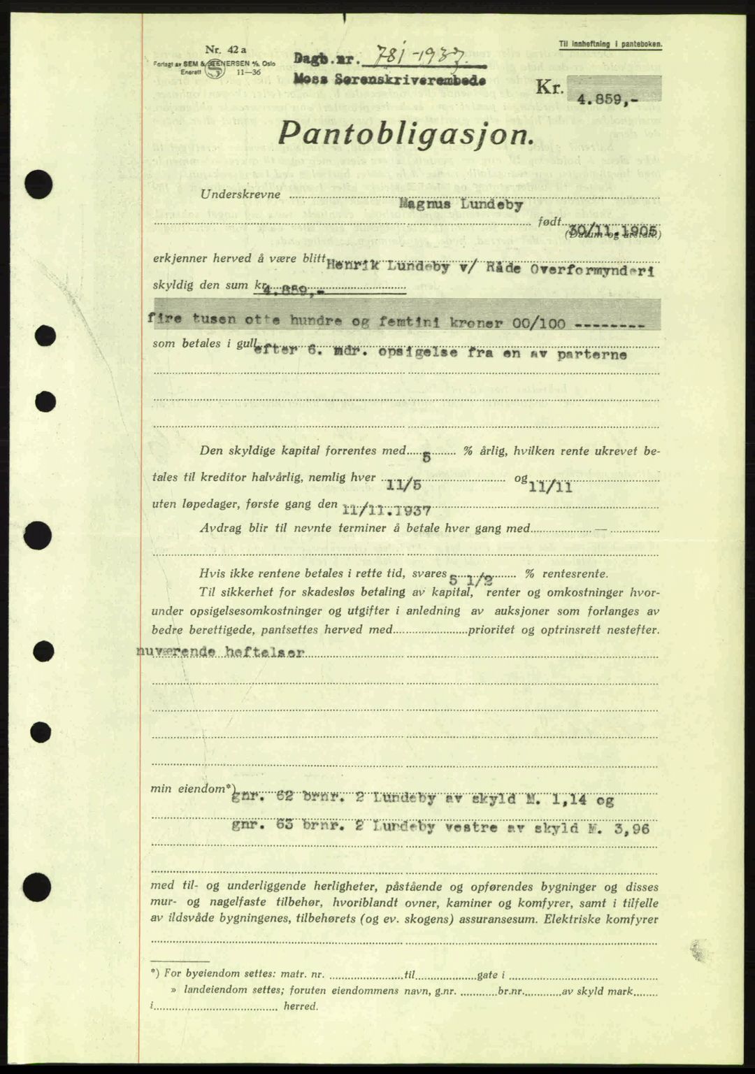 Moss sorenskriveri, SAO/A-10168: Pantebok nr. B3, 1937-1937, Dagboknr: 781/1937