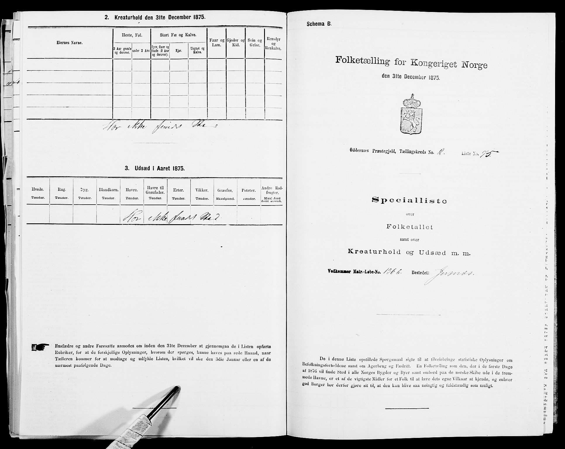 SAK, Folketelling 1875 for 1012P Oddernes prestegjeld, 1875, s. 427