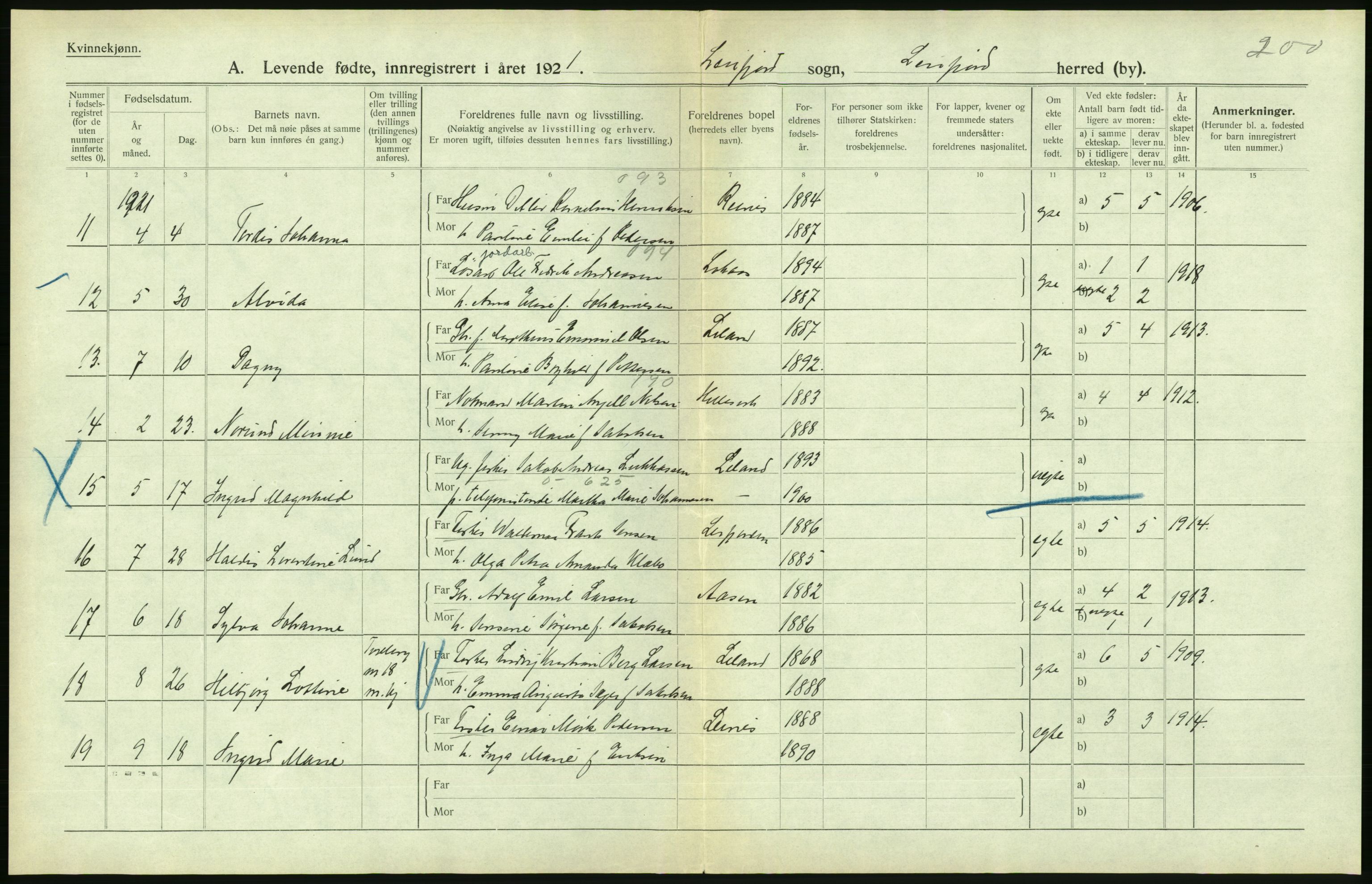 Statistisk sentralbyrå, Sosiodemografiske emner, Befolkning, AV/RA-S-2228/D/Df/Dfc/Dfca/L0049: Nordland fylke: Levendefødte menn og kvinner. Bygder., 1921, s. 76