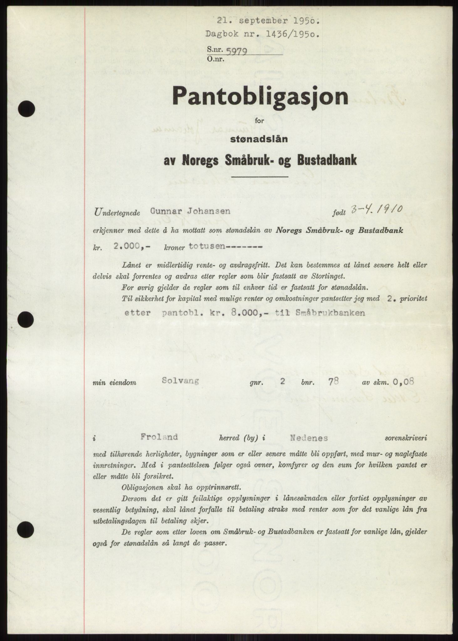Nedenes sorenskriveri, SAK/1221-0006/G/Gb/Gbb/L0008: Pantebok nr. B8, 1950-1950, Dagboknr: 1436/1950