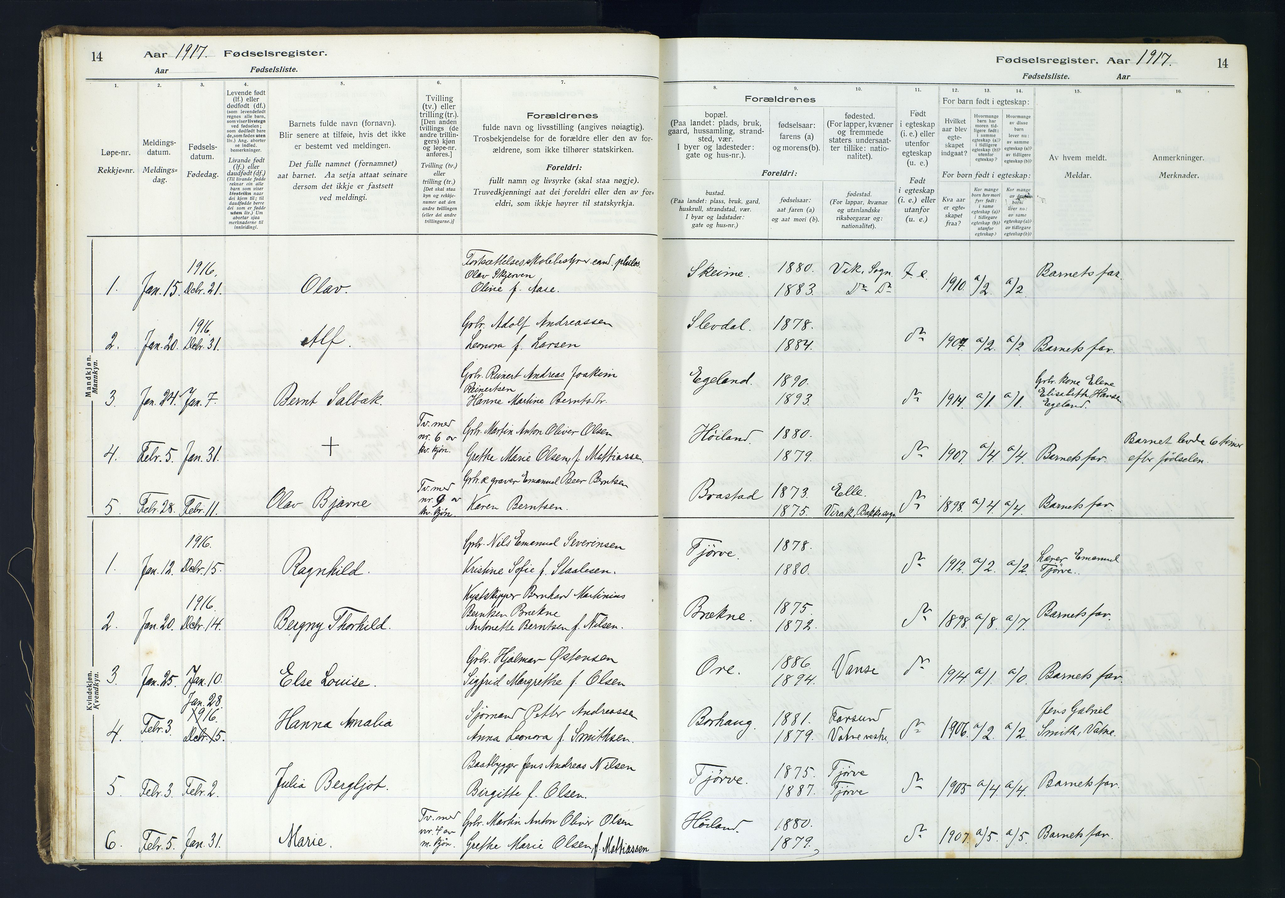 Lista sokneprestkontor, SAK/1111-0027/J/Ja/L0001: Fødselsregister nr. A-VI-30, 1916-1934, s. 14