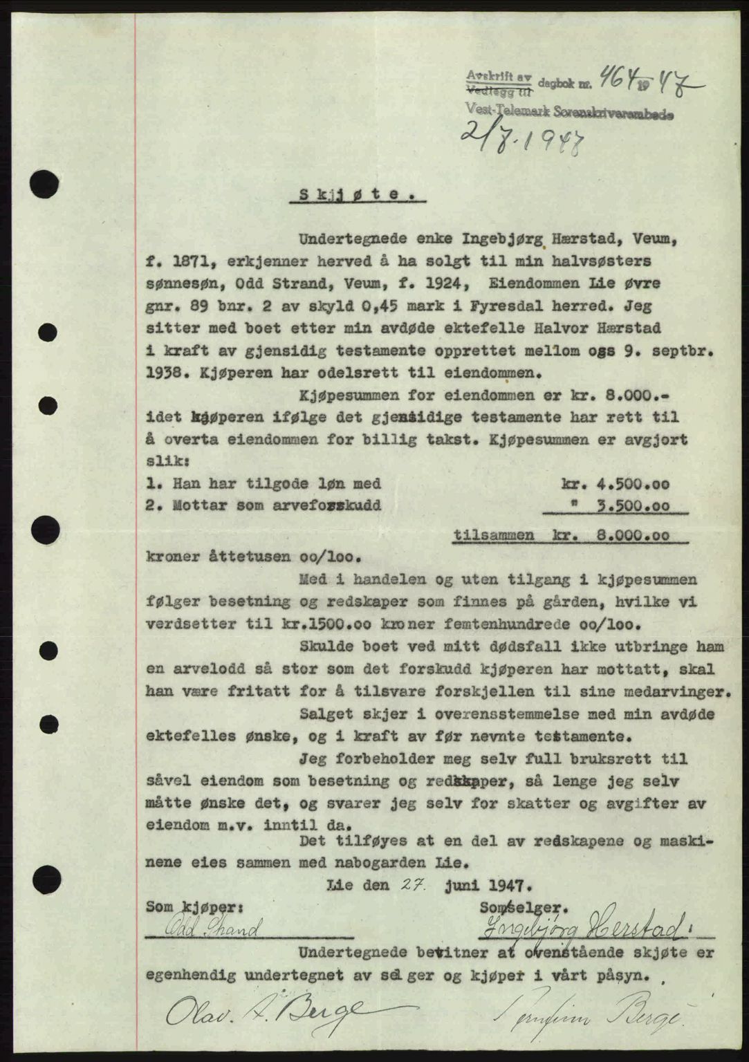 Vest-Telemark sorenskriveri, SAKO/A-134/G/Ga/Gac/L0008: Pantebok nr. A-8, 1947-1948, Dagboknr: 464/1947