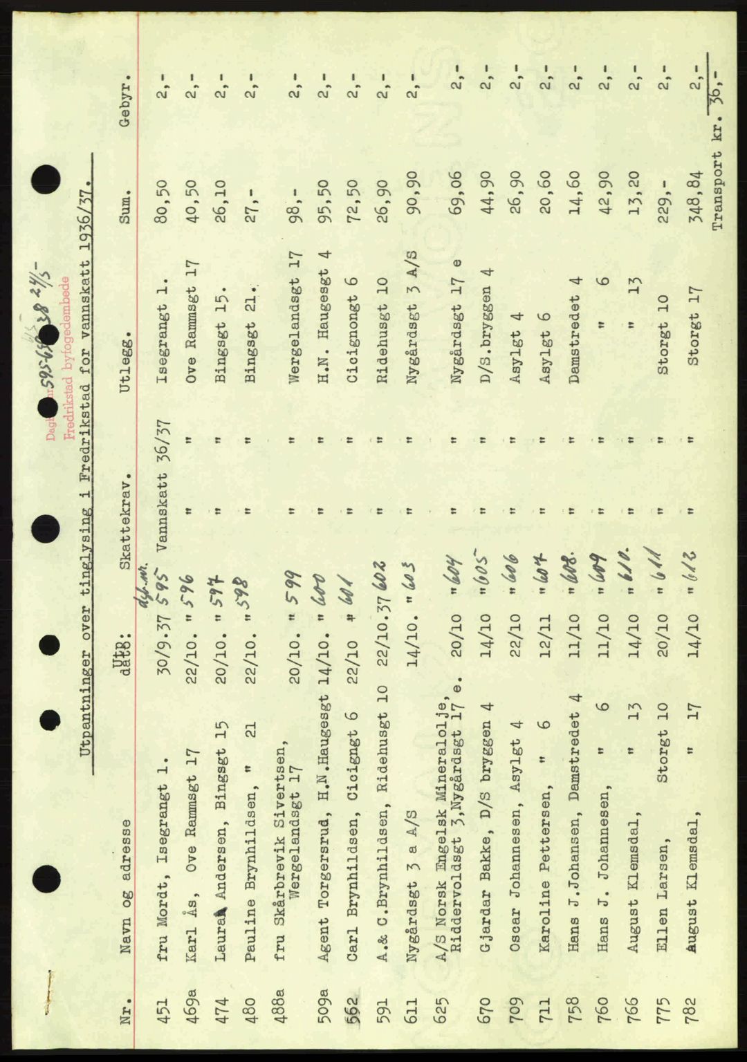 Fredrikstad byfogd, SAO/A-10473a/G/Ga/Gad/L0002: Pantebok nr. B2, 1938-1939, Dagboknr: 595/1938