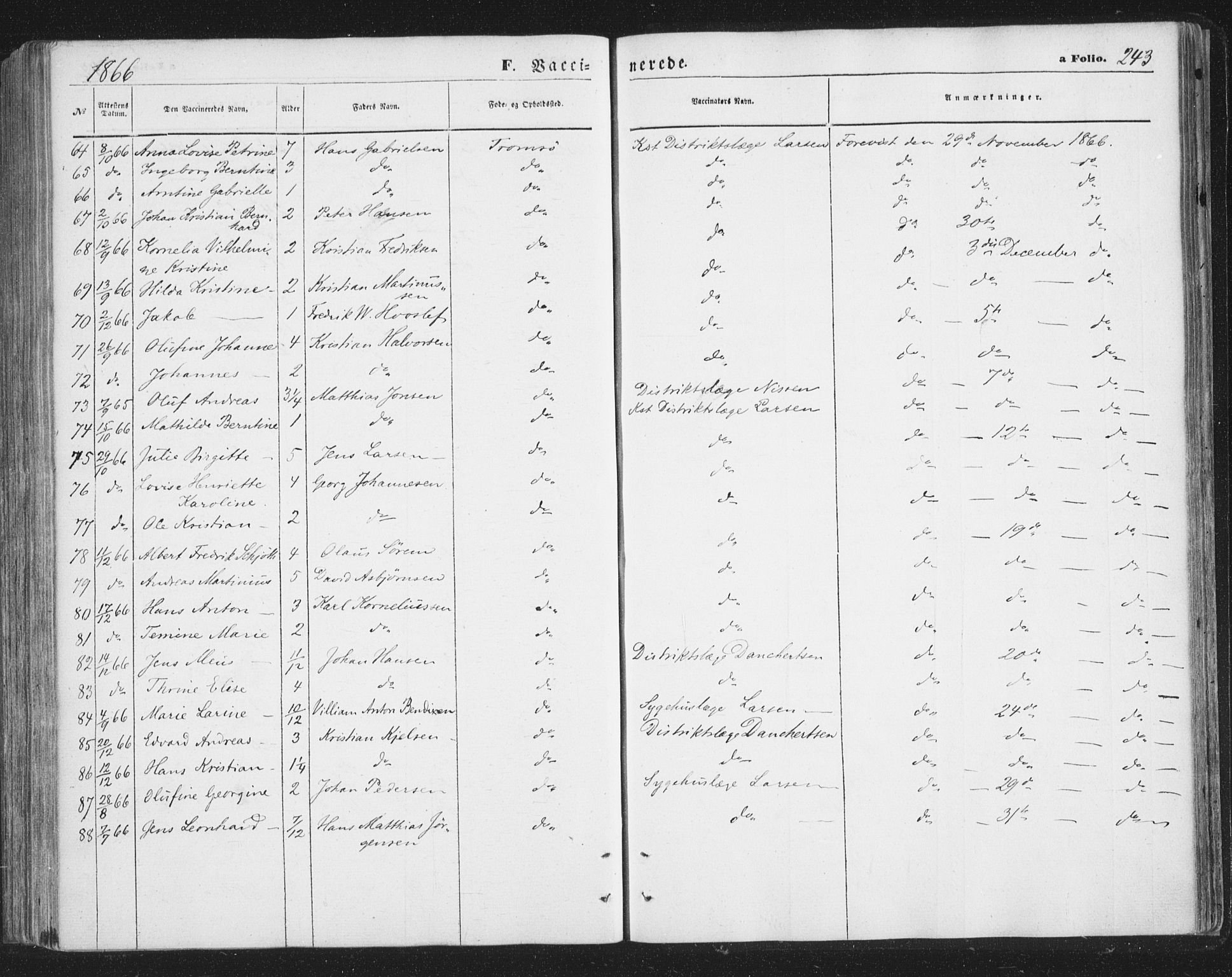 Tromsø sokneprestkontor/stiftsprosti/domprosti, SATØ/S-1343/G/Ga/L0012kirke: Ministerialbok nr. 12, 1865-1871, s. 243